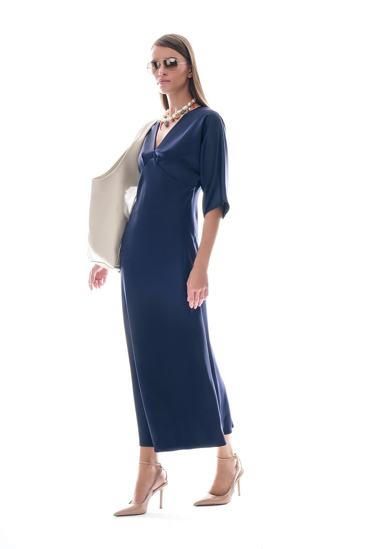 Saten Drapeli Midi Şık Elbise