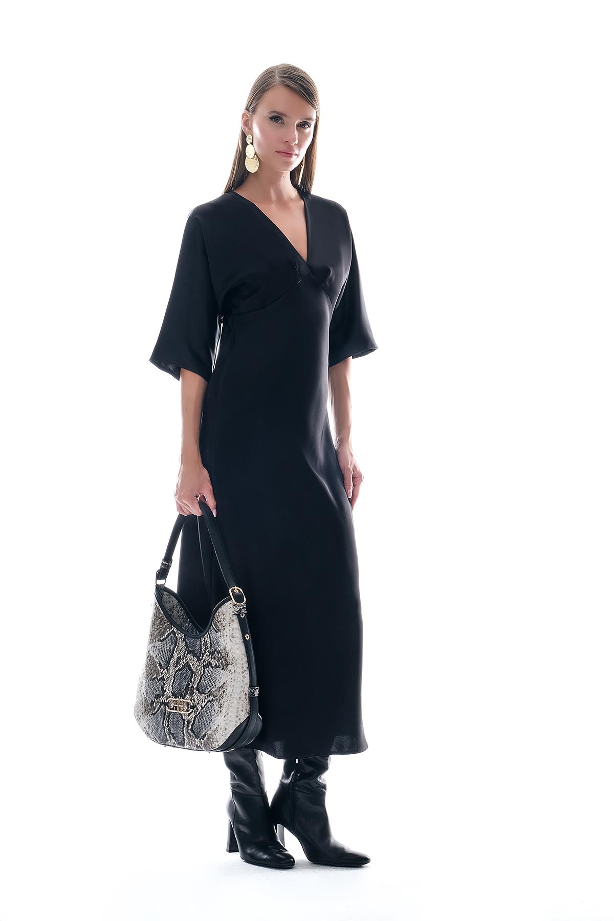 Saten Drapeli Midi Şık Elbise