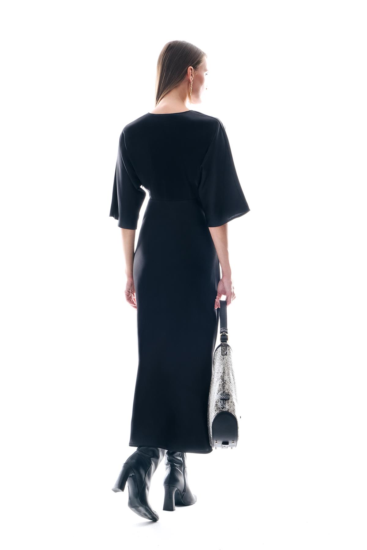 Saten Drapeli Midi Şık Elbise