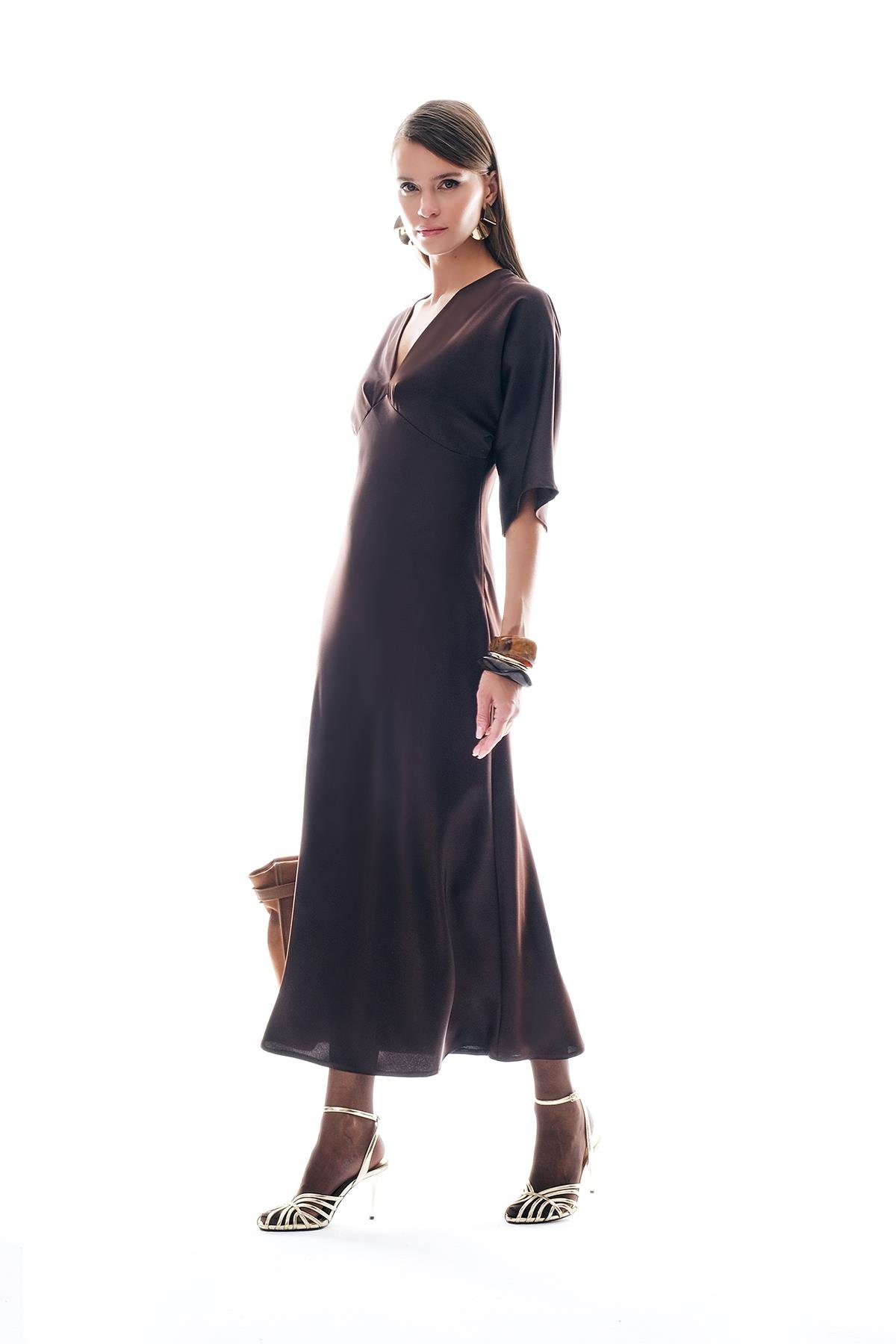 Saten Drapeli Midi Şık Elbise