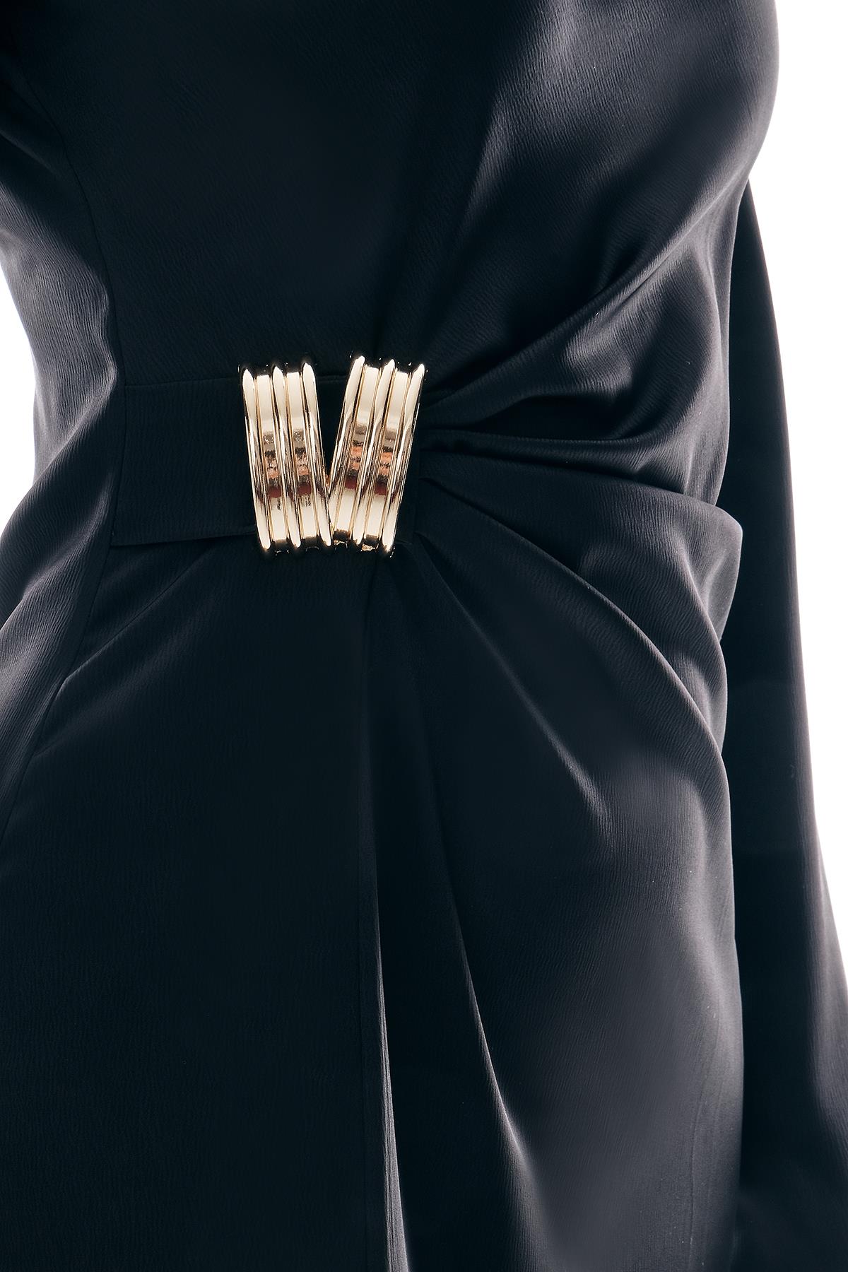 Saten Gold Aksesuarlı Drapeli Şık Elbise