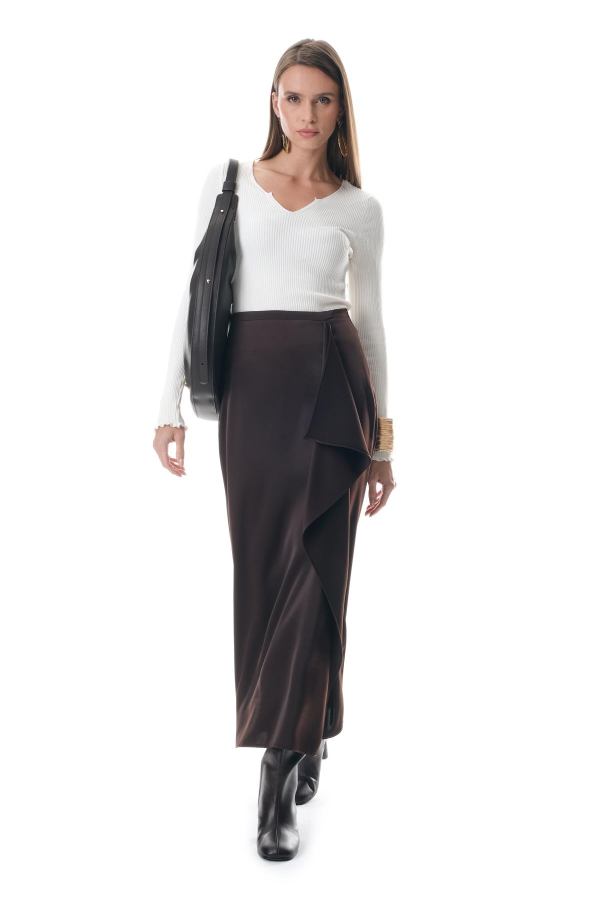 Saten Önden Volanlı Midi Yırtmaçlı Etek