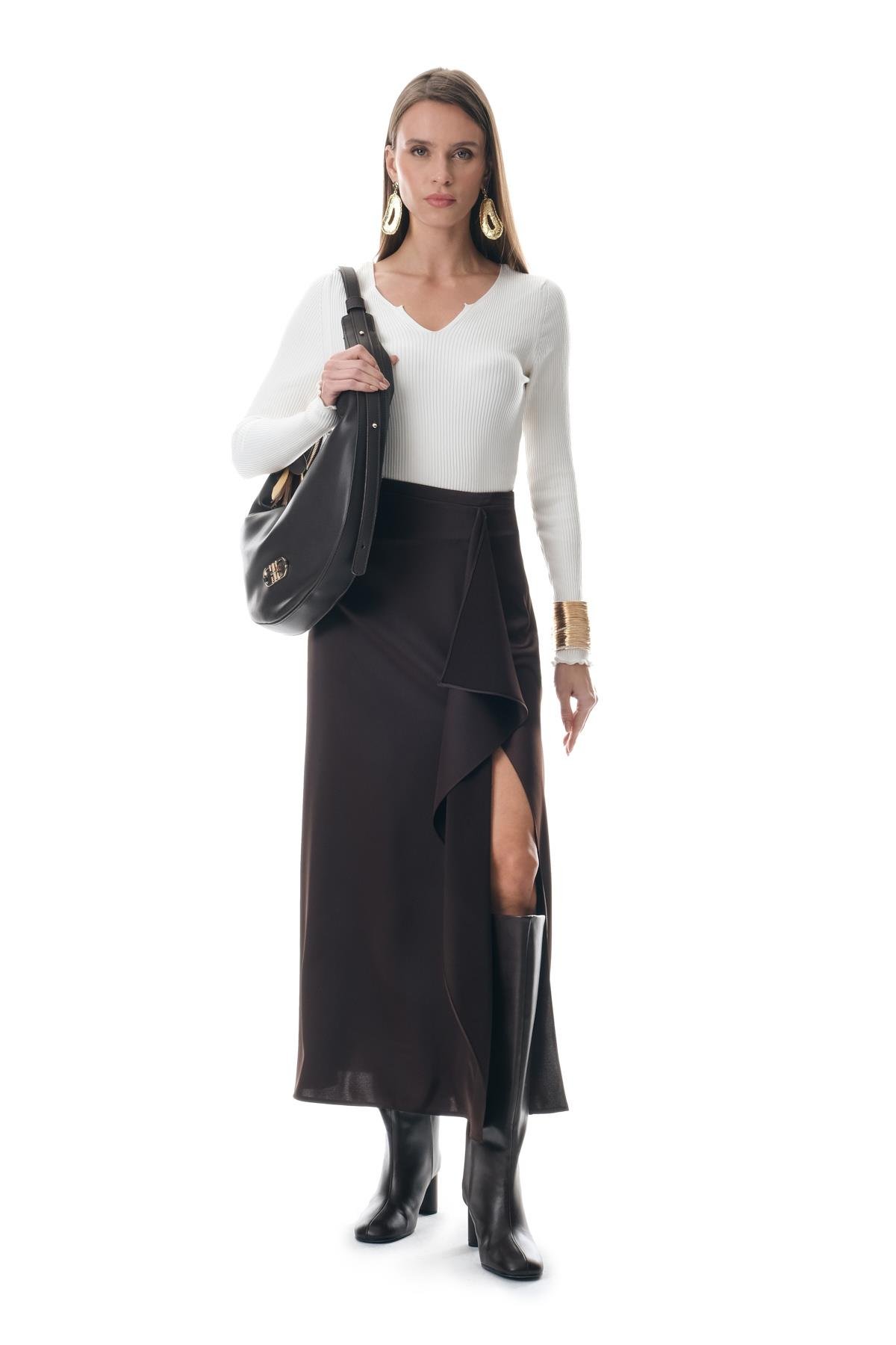 Saten Önden Volanlı Midi Yırtmaçlı Etek