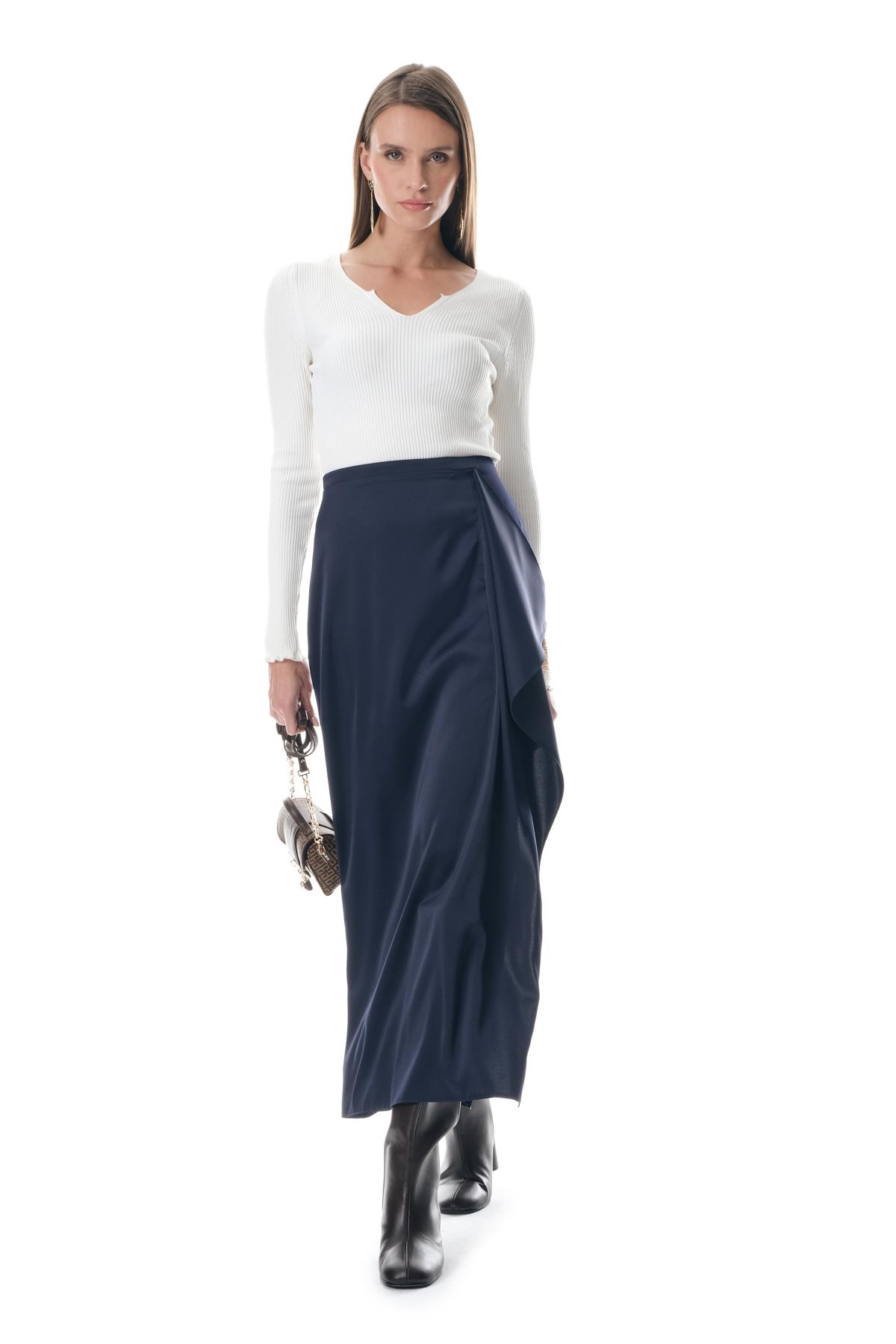 Saten Önden Volanlı Midi Yırtmaçlı Etek