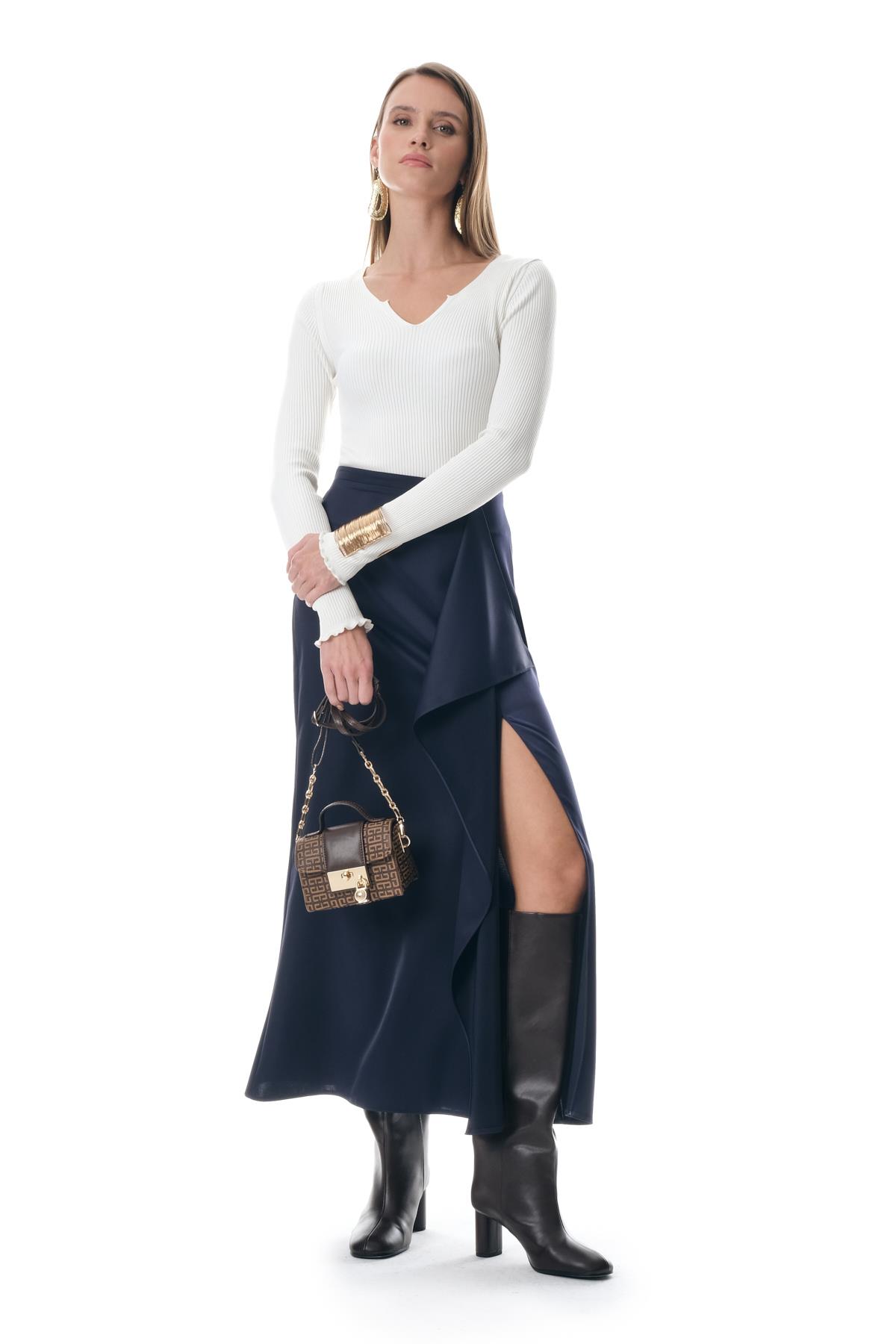 Saten Önden Volanlı Midi Yırtmaçlı Etek