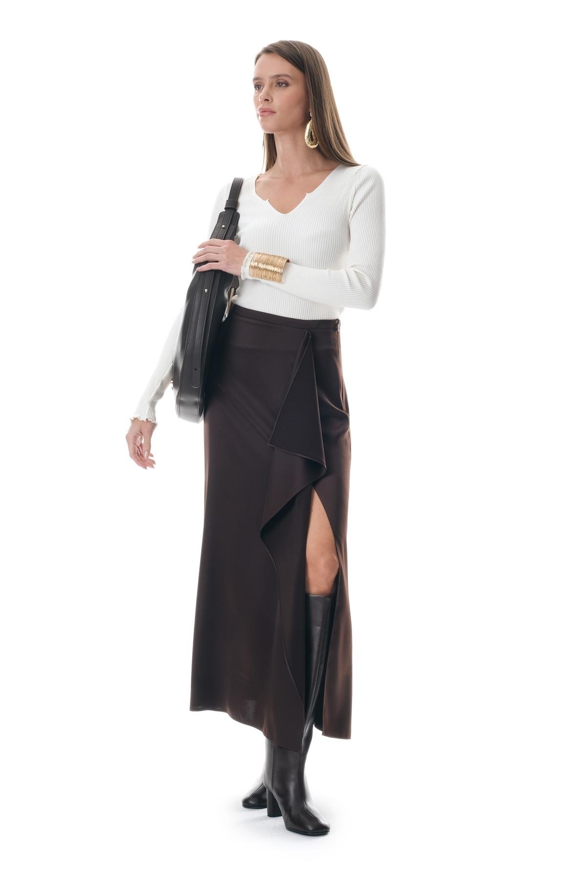 Saten Önden Volanlı Midi Yırtmaçlı Etek