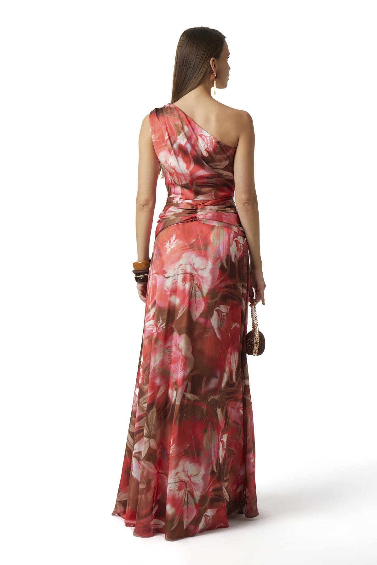 Saten Şifon Garnili Tek Omuz Maxi Elbise