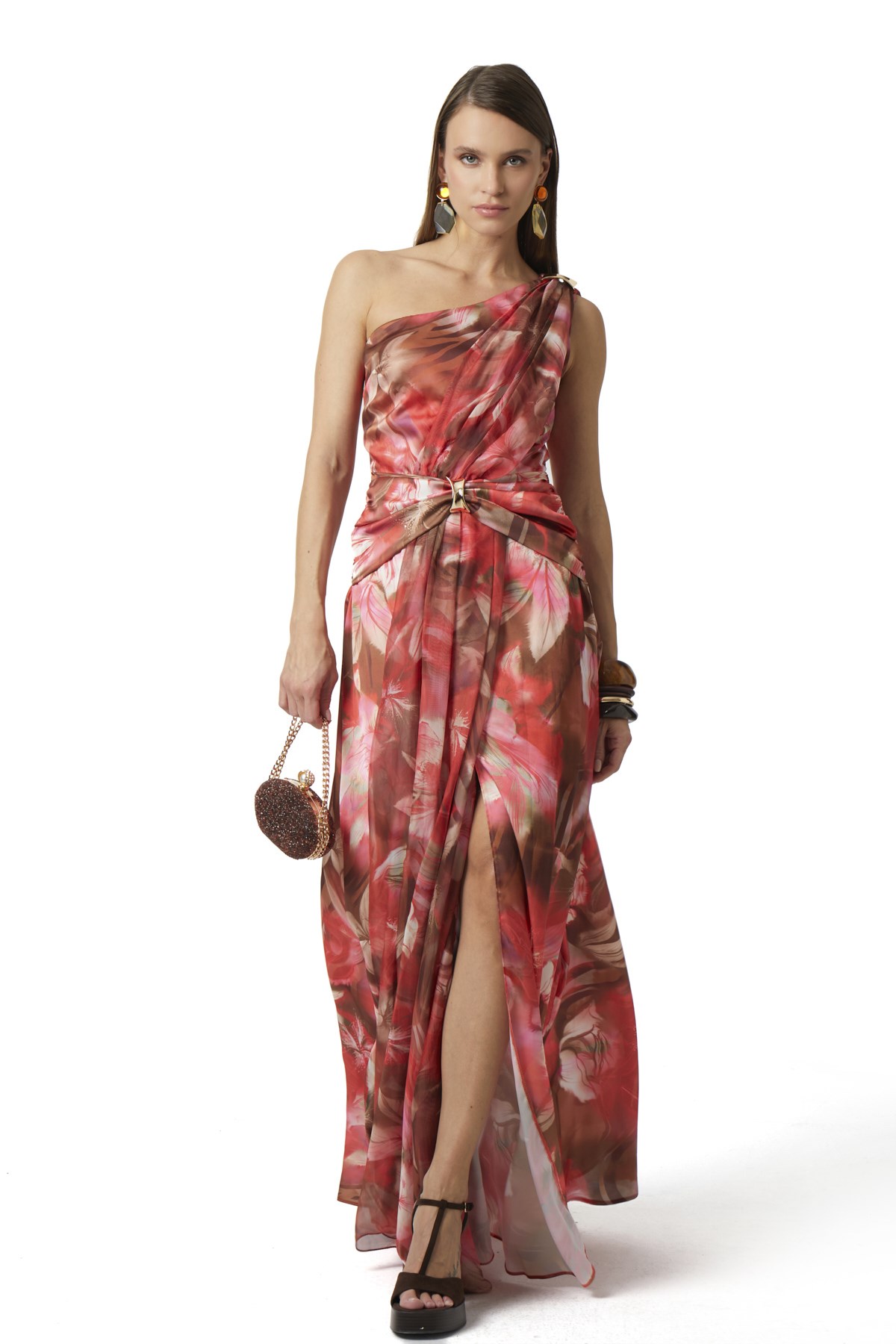 Saten Şifon Garnili Tek Omuz Maxi Elbise