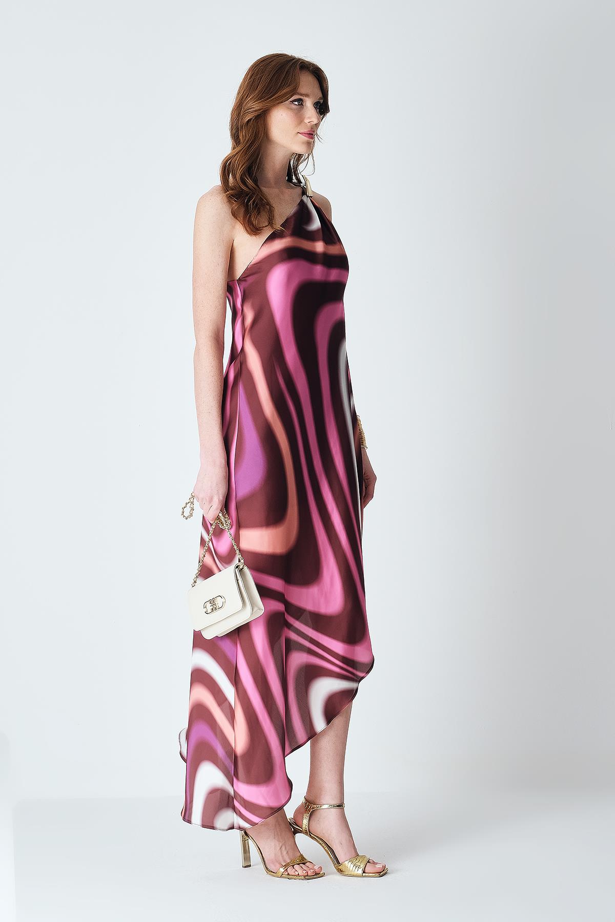 Şifon Desenli Asimetrik Etekli Elbise