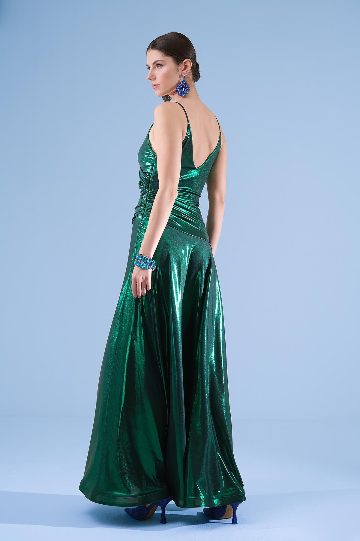 Simli Parlak Örme Askılı MAksi Boy Elbise