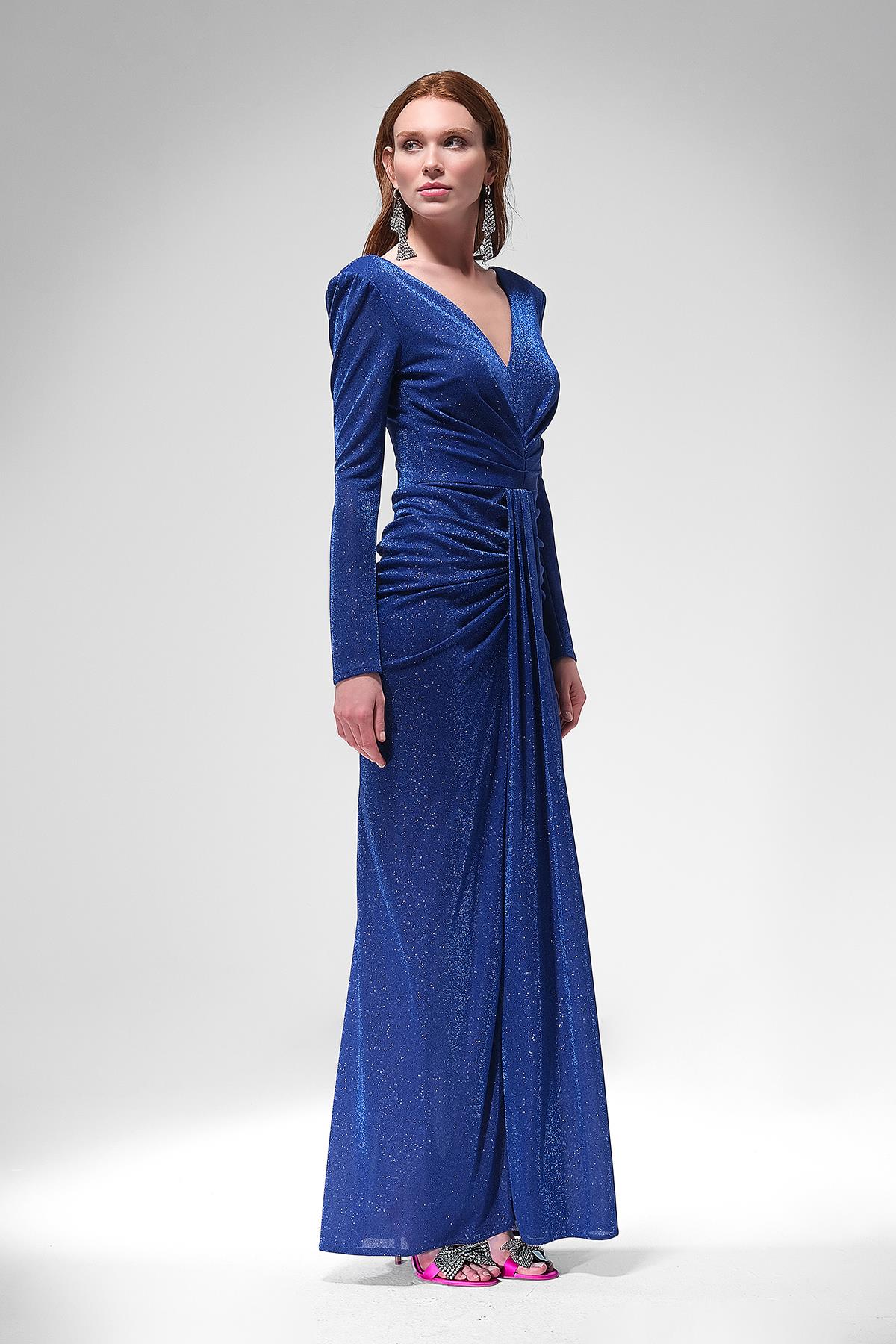 Simli V Yakalı Maxi Boy Abiye Elbise