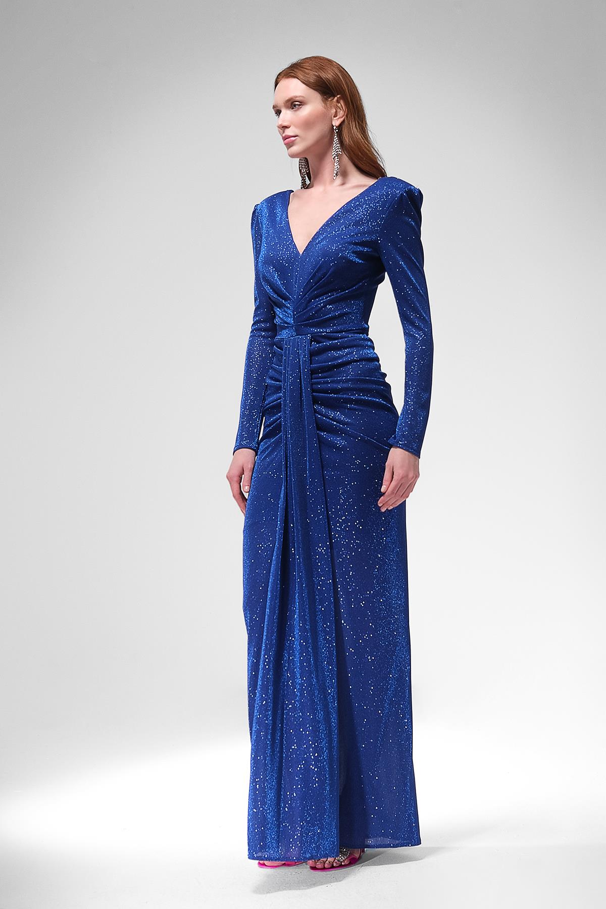 Simli V Yakalı Maxi Boy Abiye Elbise