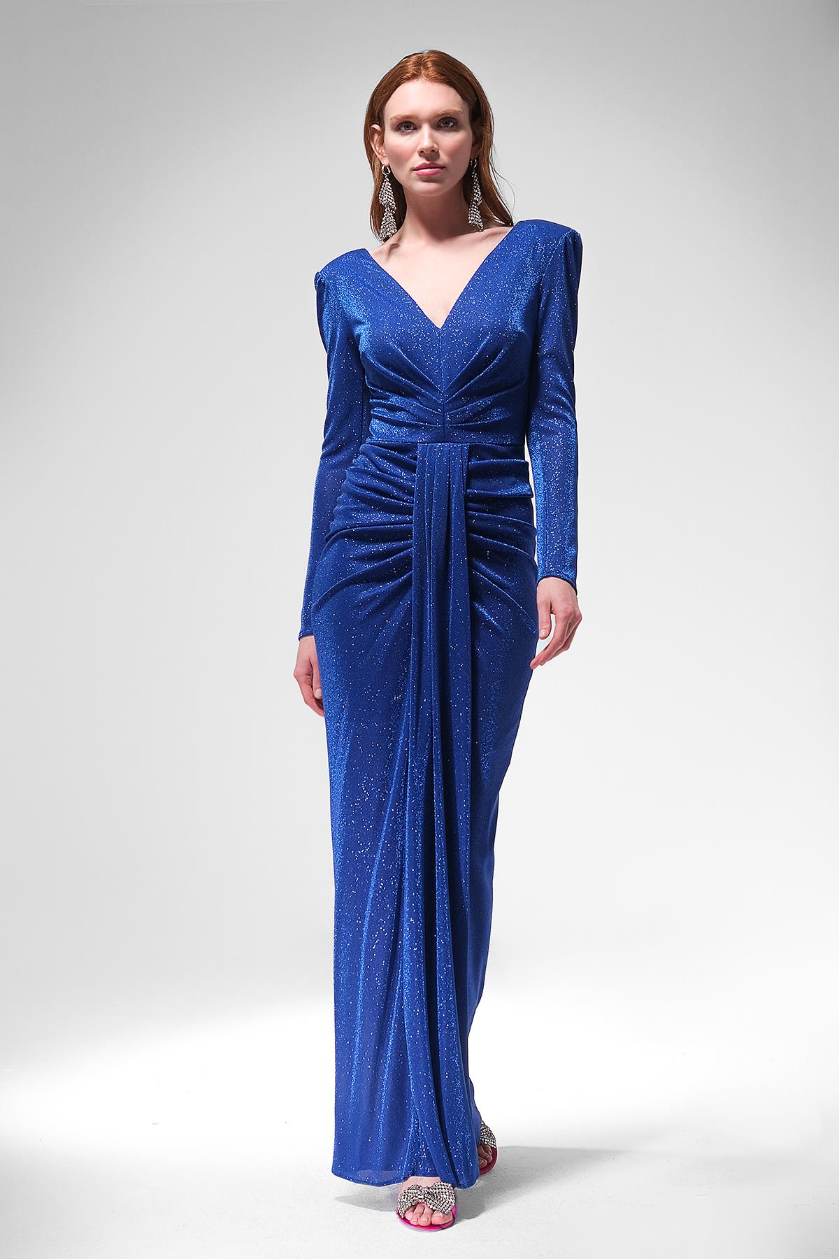 Simli V Yakalı Maxi Boy Abiye Elbise