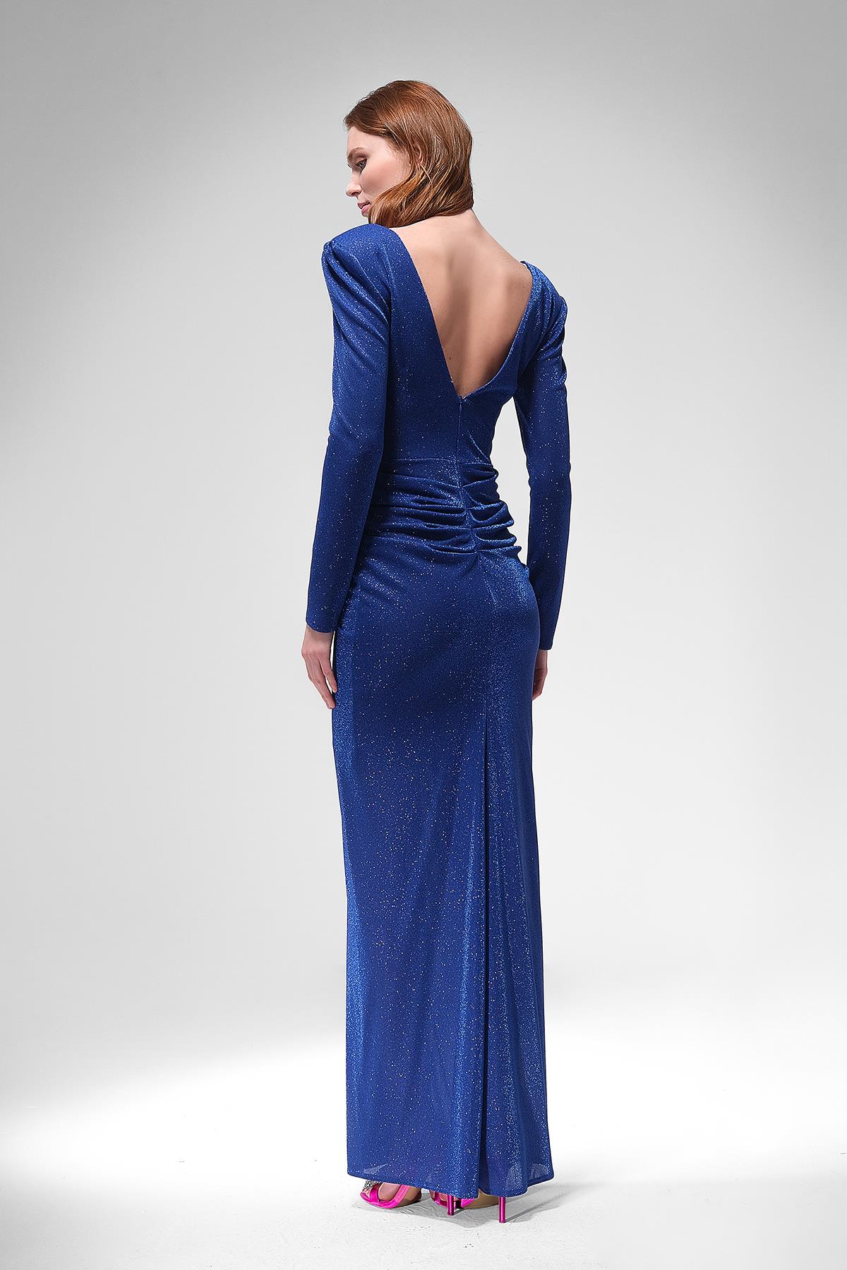 Simli V Yakalı Maxi Boy Abiye Elbise