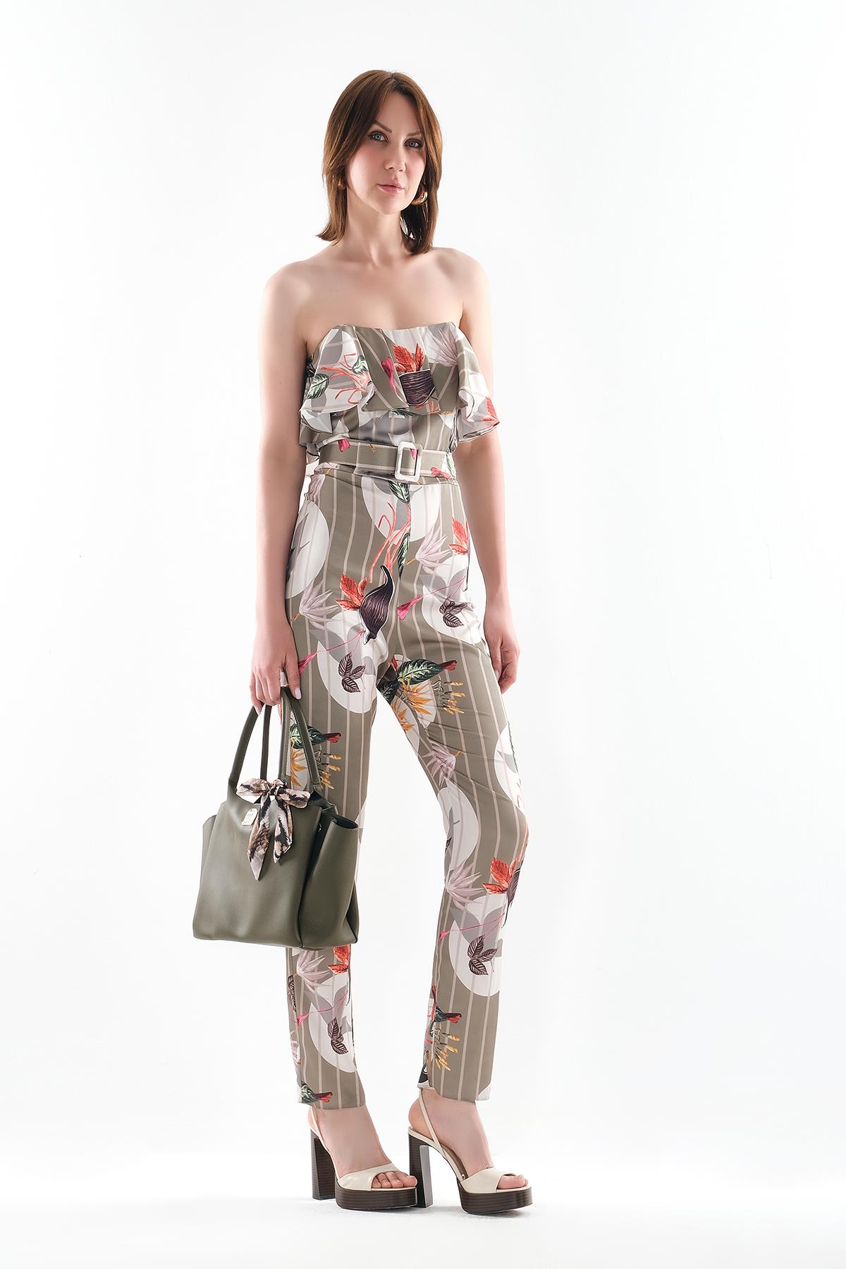 Straplez Desenli Kuşaklı Şık Tulum