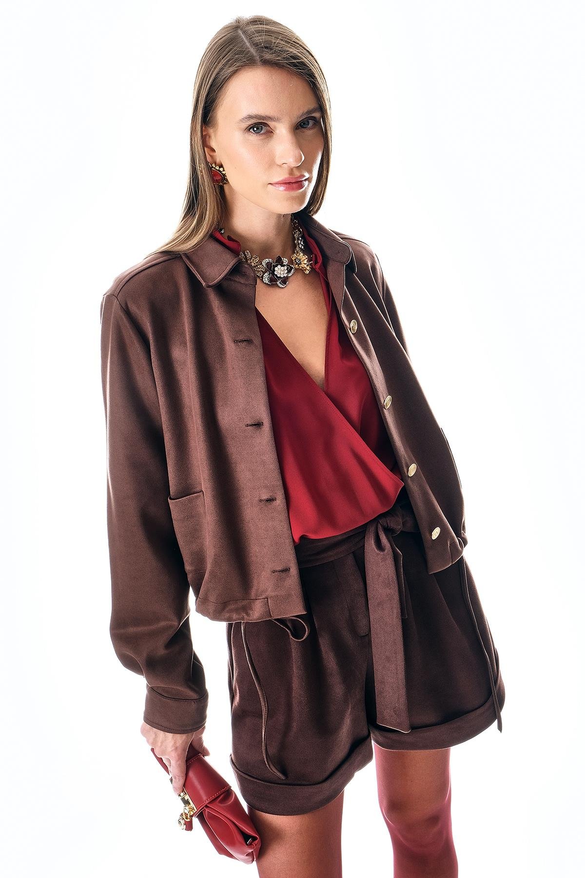 Süet Beli Bağçıklı Gold Düğmeli Ceket