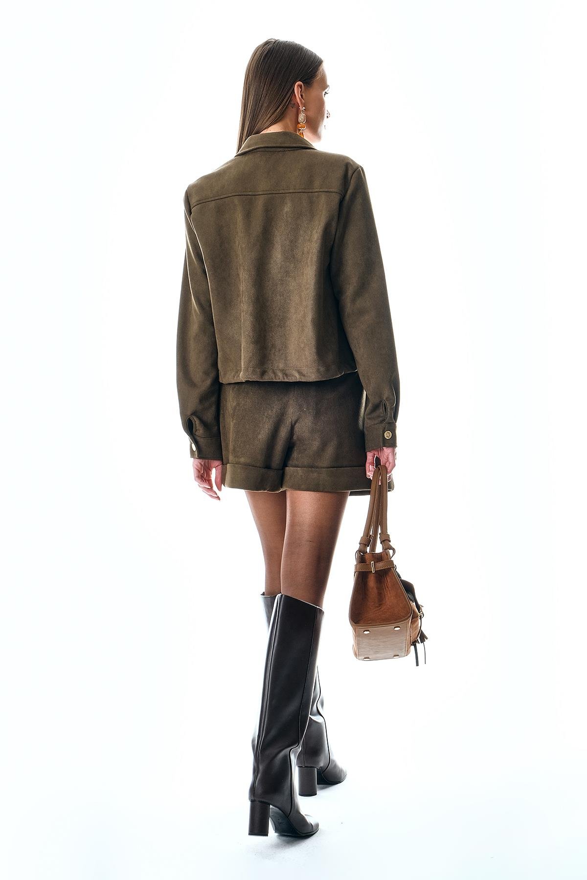 Süet Beli Bağçıklı Gold Düğmeli Ceket