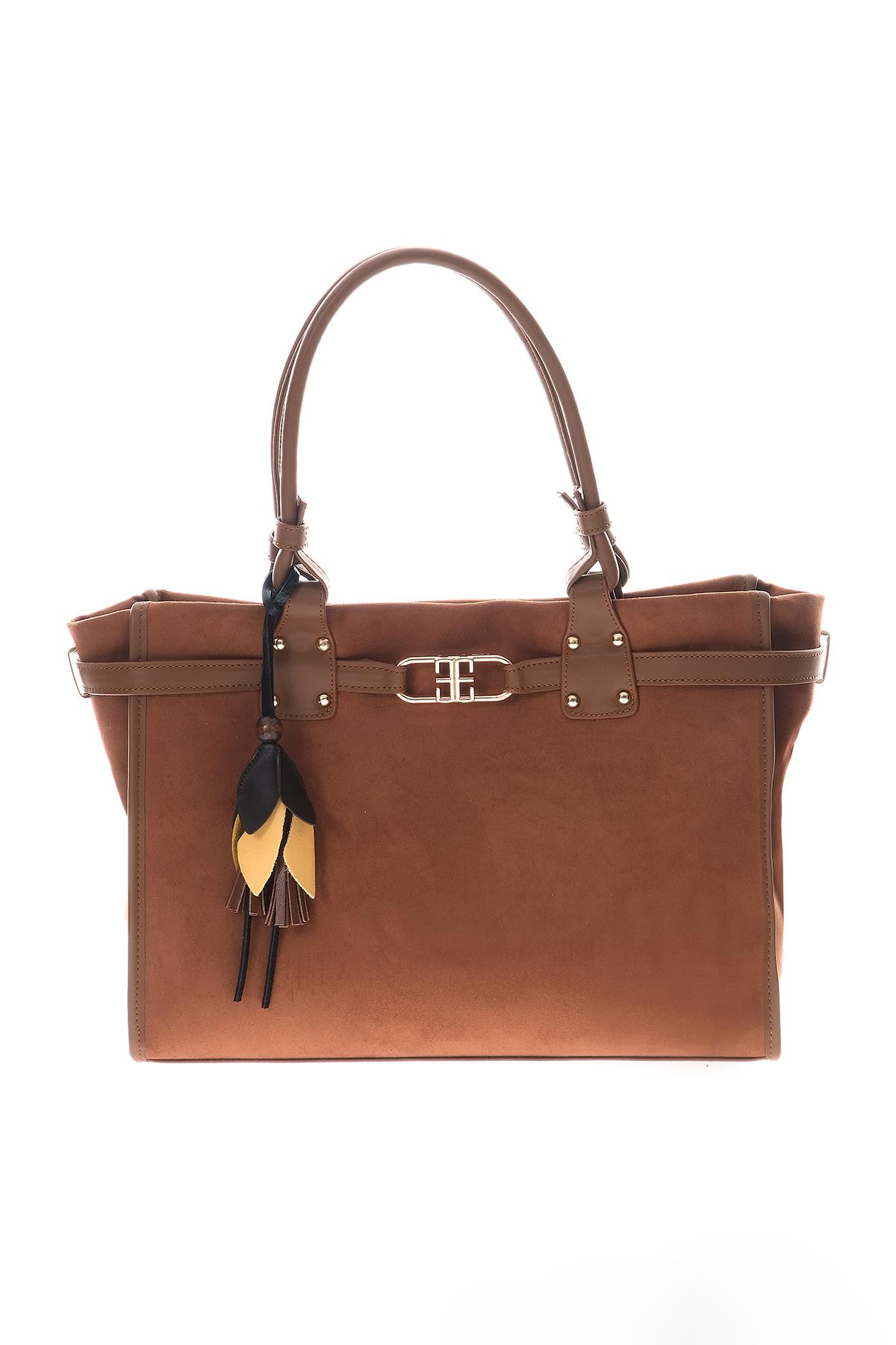 Süet Çiçek Aksesuarlı Büyük El Omuz Çanta