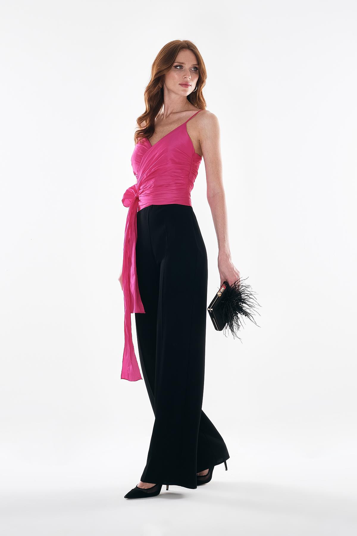 Tafta Garnili İnce Askılı Bol Paça Tulum