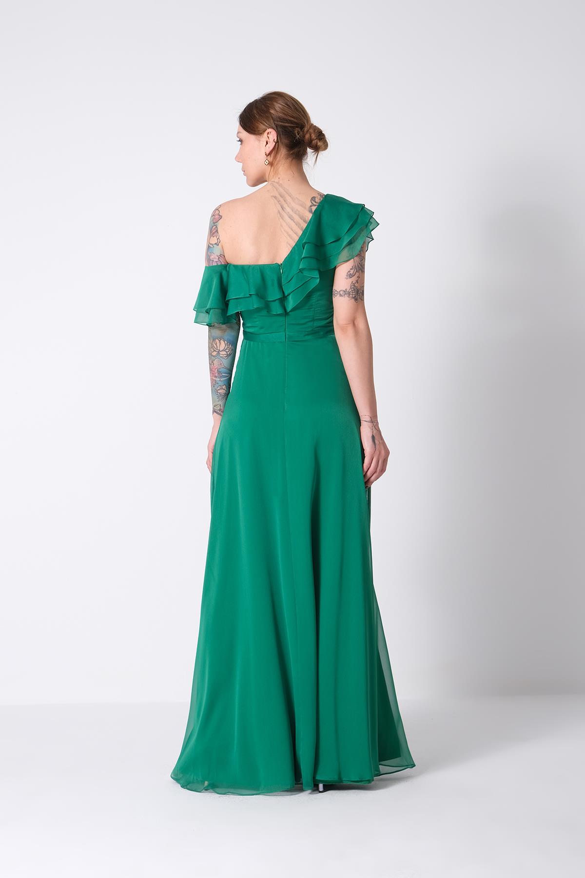 Tek Omuz Volanlı Parlak Şifon Maksi Boy Abiye Elbise