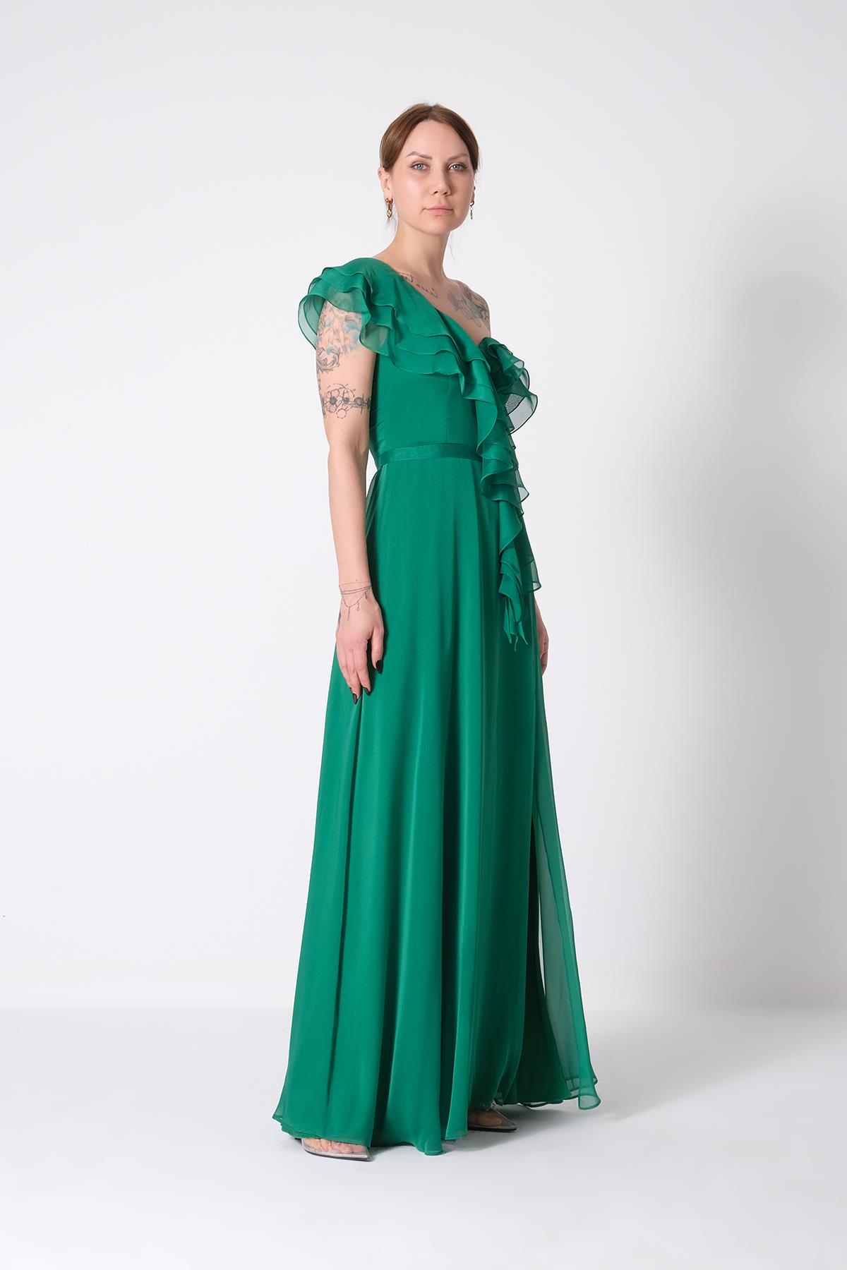 Tek Omuz Volanlı Parlak Şifon Maksi Boy Abiye Elbise