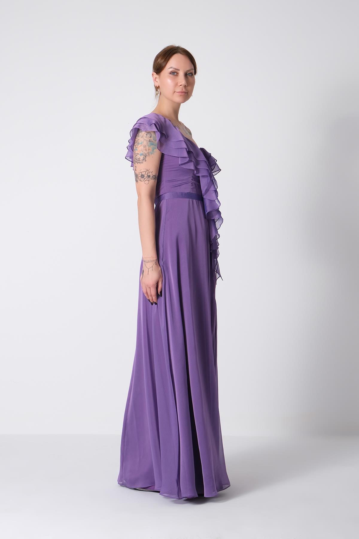 Tek Omuz Volanlı Parlak Şifon Maksi Boy Abiye Elbise