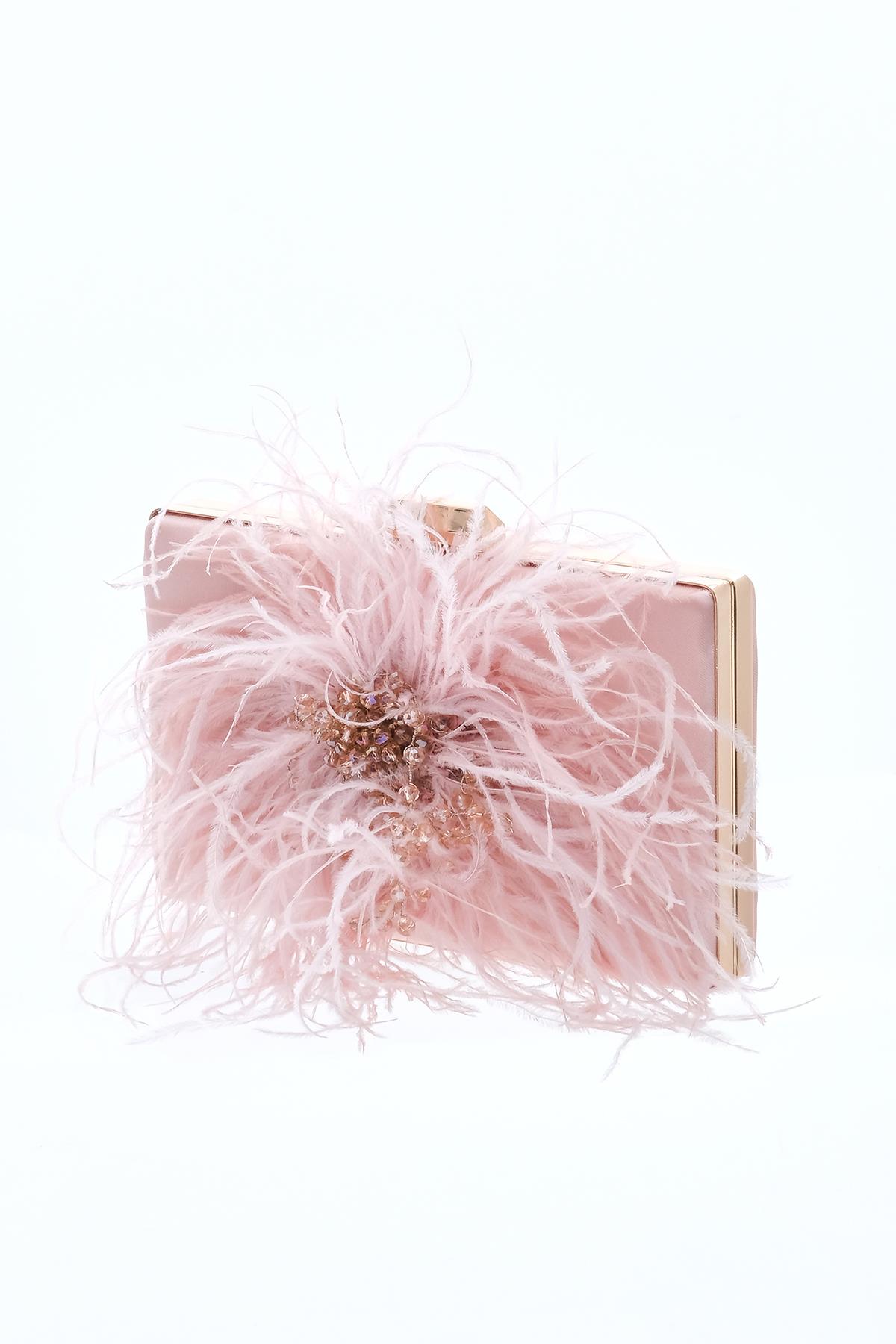 Tüy Aksesuarlı, Saten, Şık, Gece, Abiye Çanta