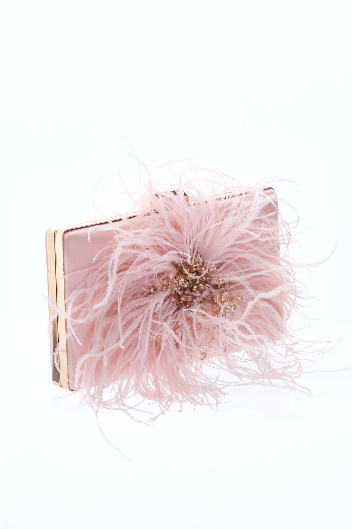 Tüy Aksesuarlı, Saten, Şık, Gece, Abiye Çanta