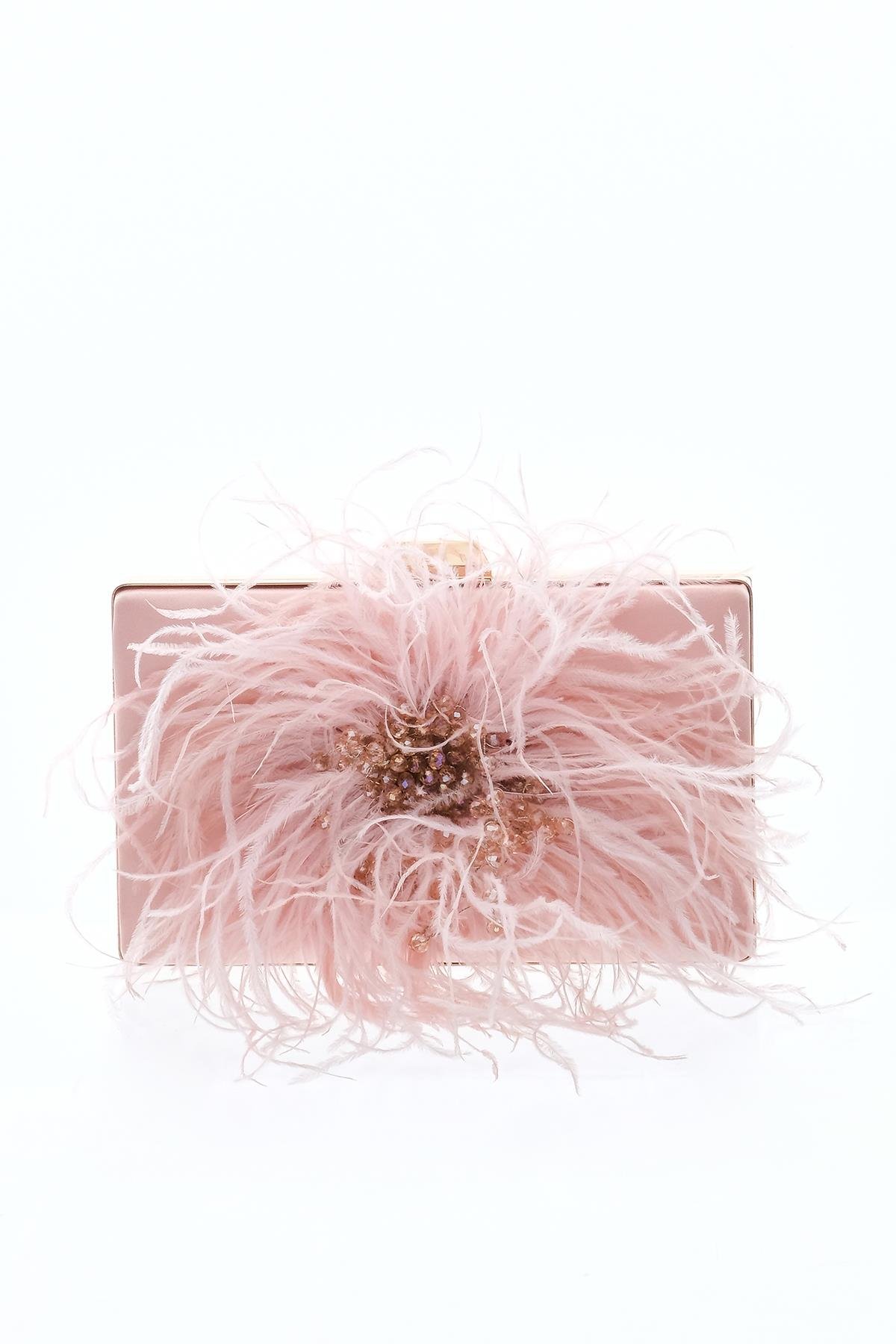 Tüy Aksesuarlı, Saten, Şık, Gece, Abiye Çanta