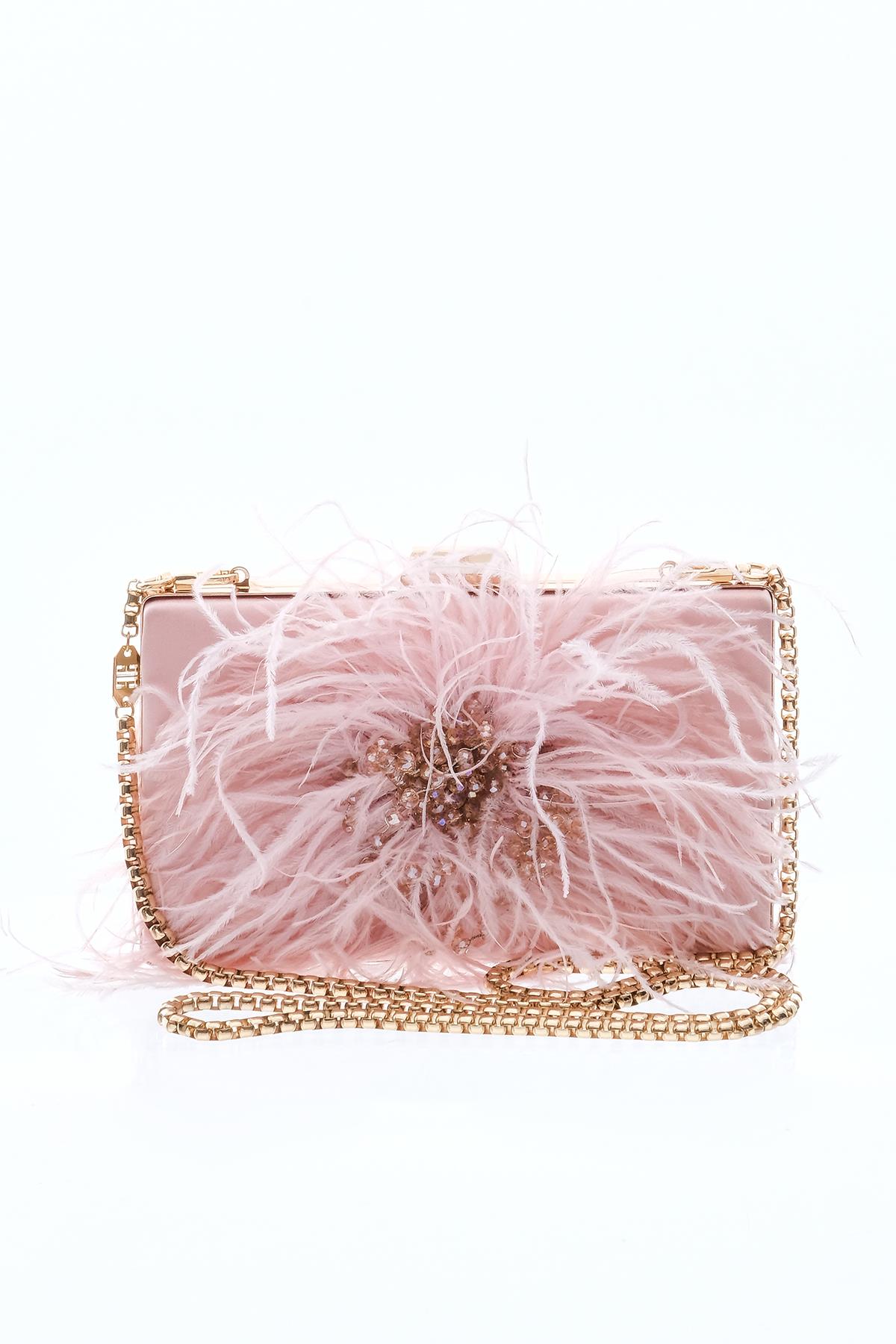 Tüy Aksesuarlı, Saten, Şık, Gece, Abiye Çanta