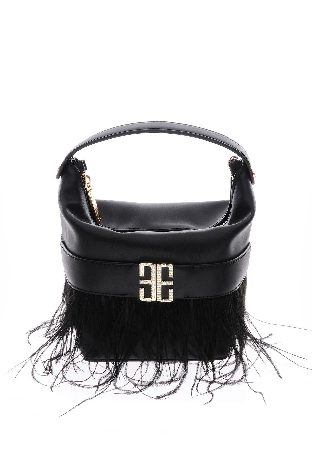 Tüy Detaylı, Parlak Taş Aksesuarlı, Gece, Abiye, Tasarım Çanta