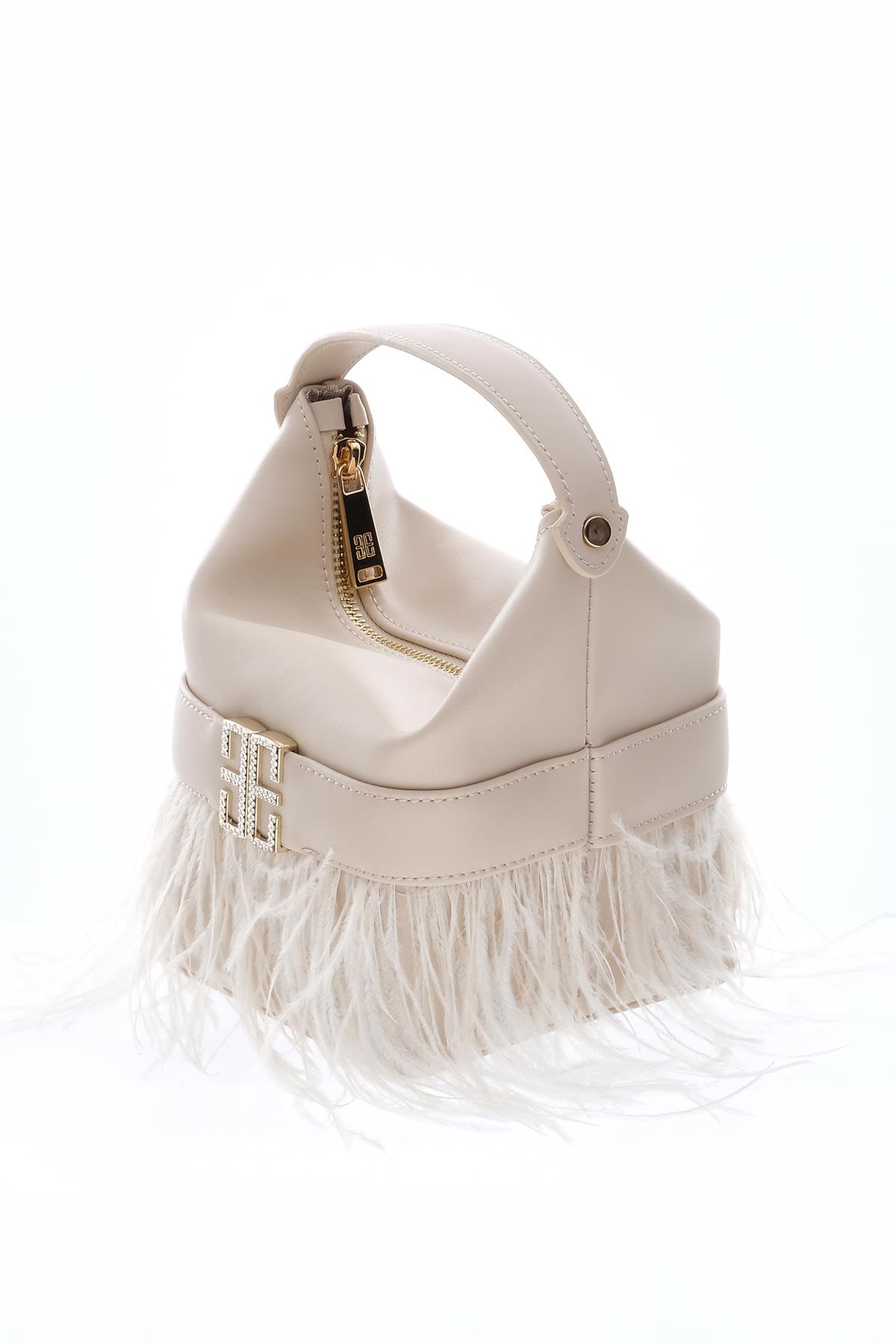 Tüy Detaylı, Parlak Taş Aksesuarlı, Gece, Abiye, Tasarım Çanta