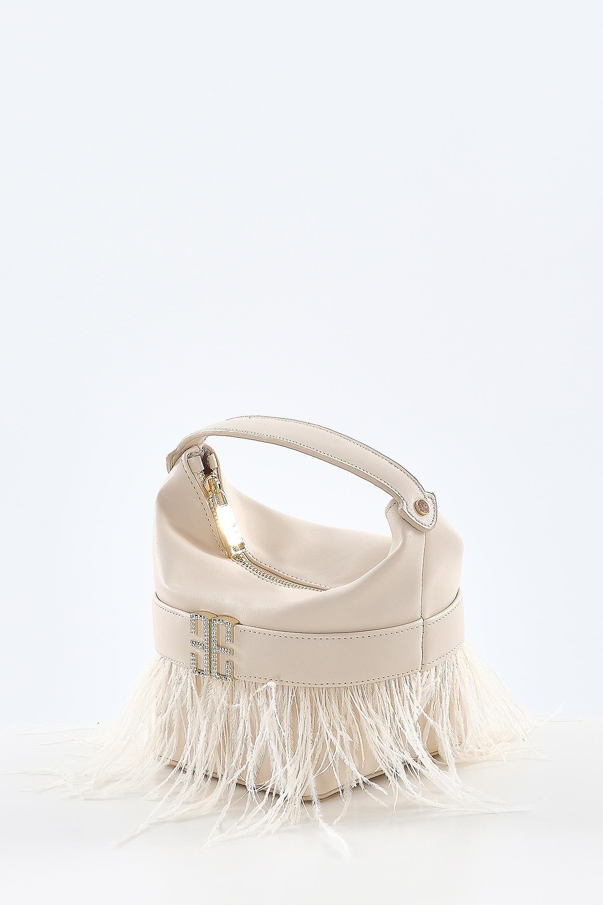 Tüy Detaylı, Parlak Taş Aksesuarlı, Gece, Abiye, Tasarım Çanta