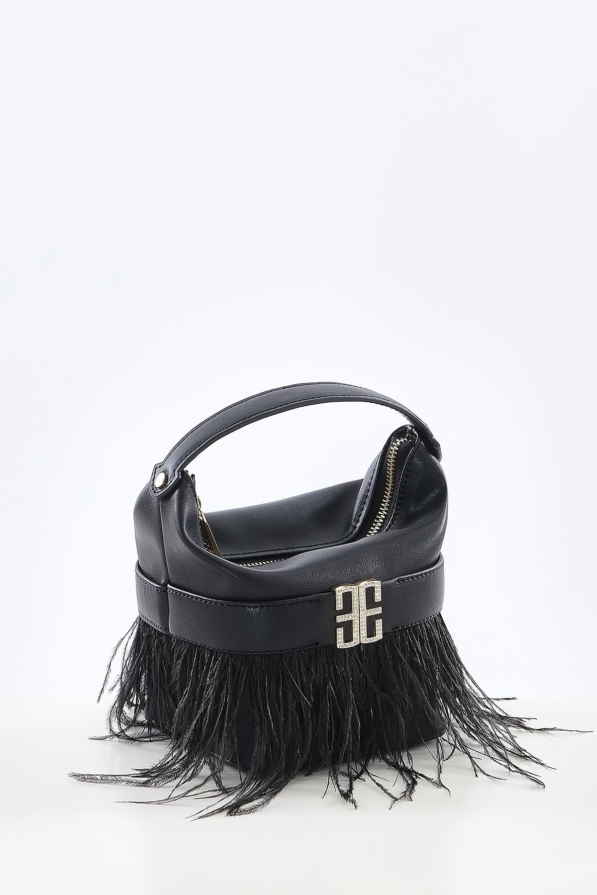 Tüy Detaylı, Parlak Taş Aksesuarlı, Gece, Abiye, Tasarım Çanta