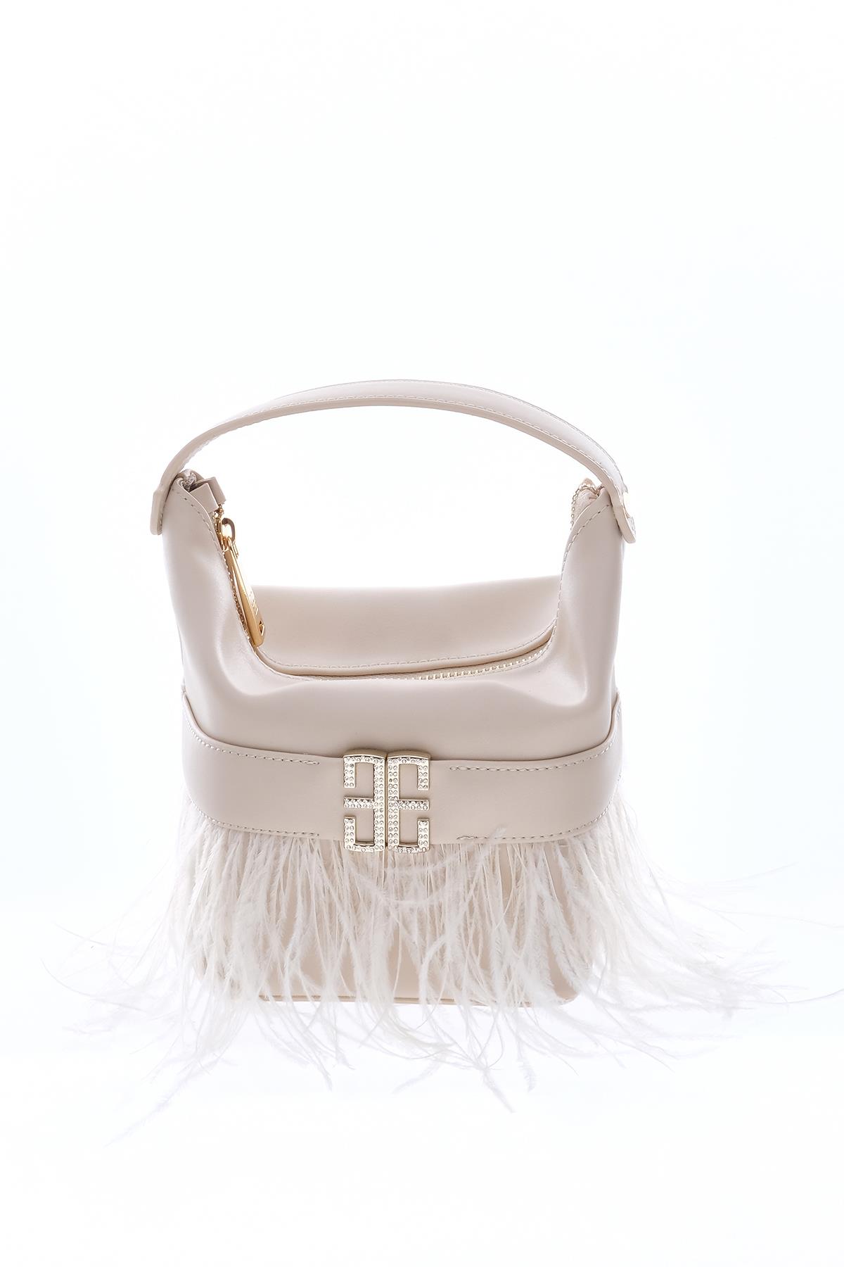 Tüy Detaylı, Parlak Taş Aksesuarlı, Gece, Abiye, Tasarım Çanta