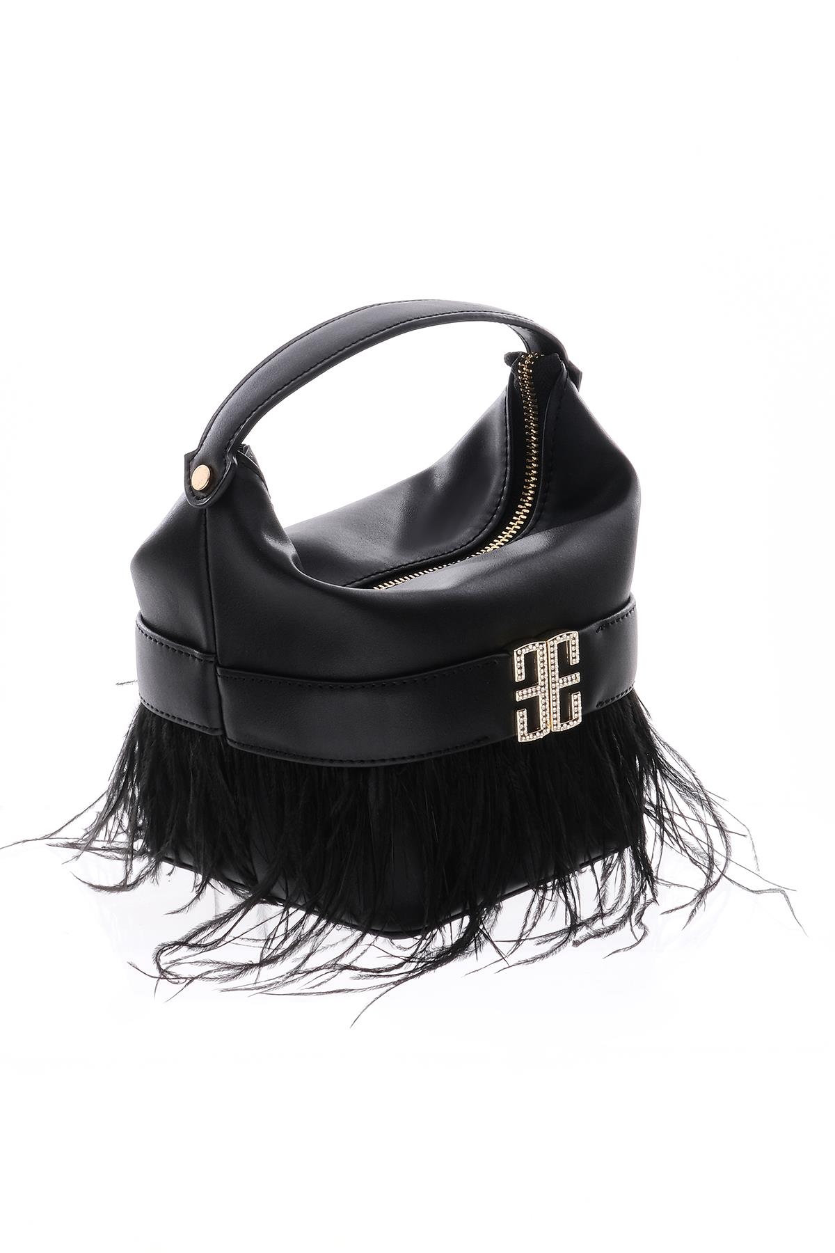 Tüy Detaylı, Parlak Taş Aksesuarlı, Gece, Abiye, Tasarım Çanta