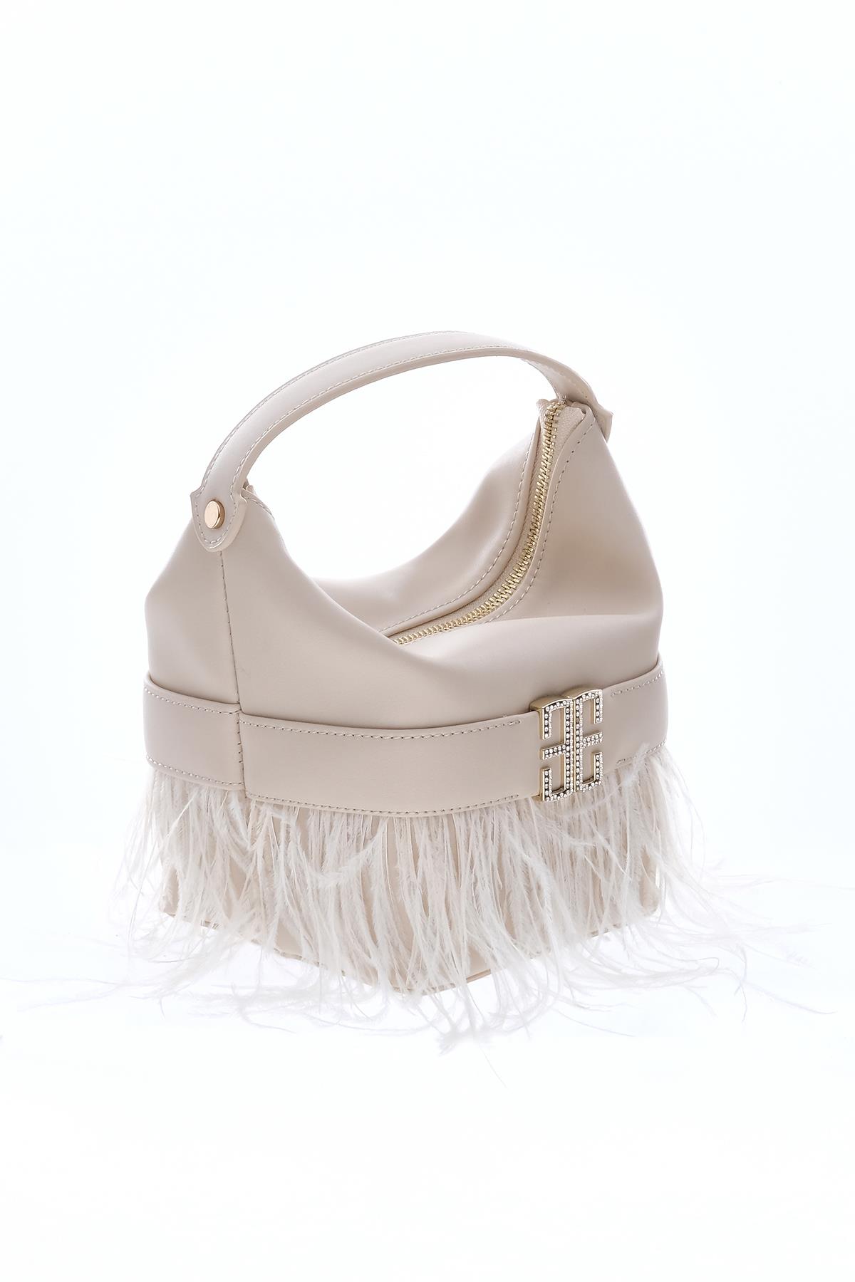 Tüy Detaylı, Parlak Taş Aksesuarlı, Gece, Abiye, Tasarım Çanta