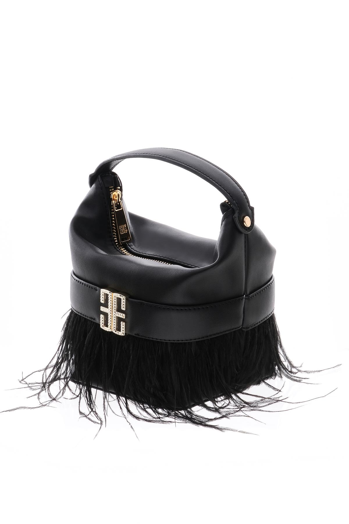 Tüy Detaylı, Parlak Taş Aksesuarlı, Gece, Abiye, Tasarım Çanta