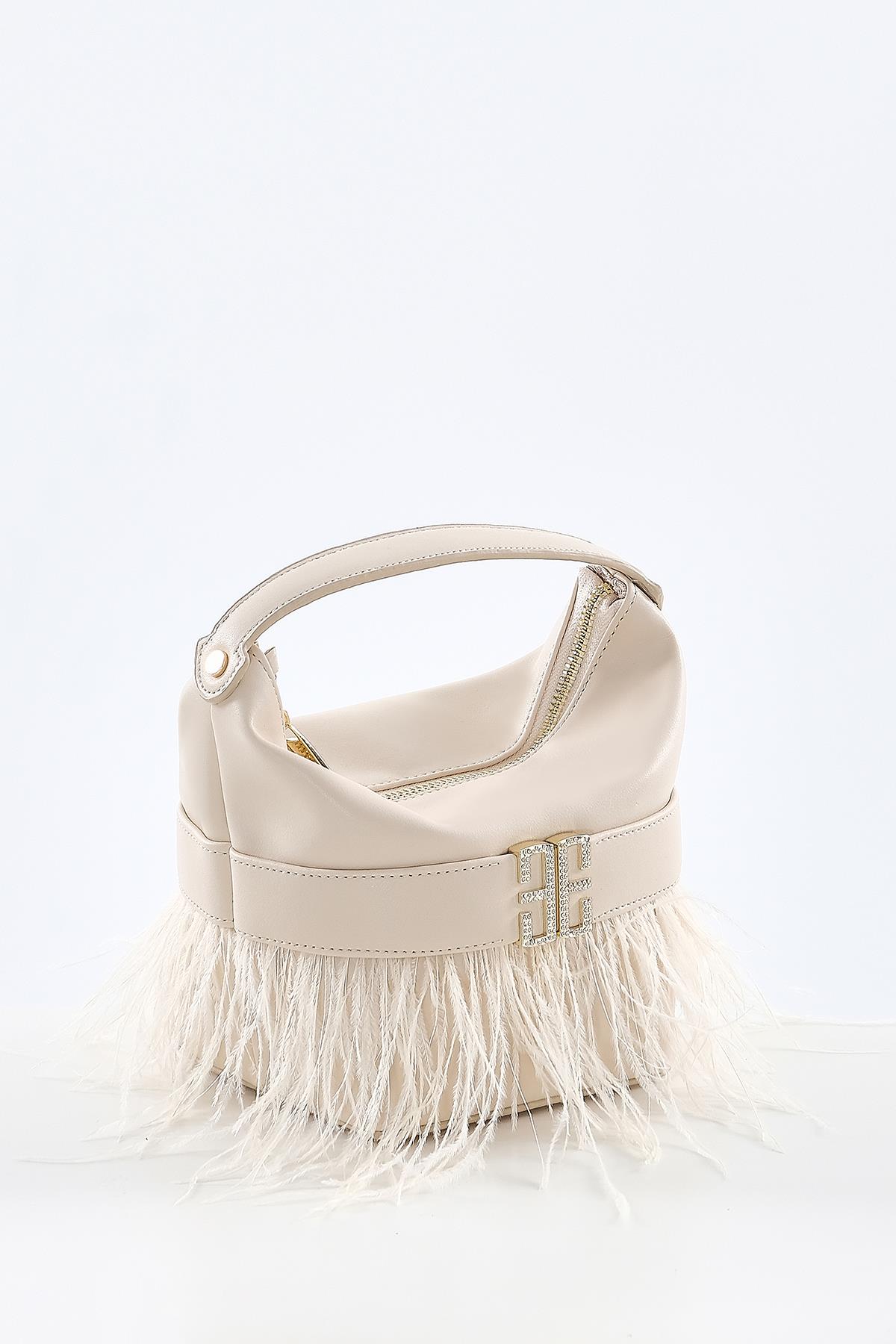 Tüy Detaylı, Parlak Taş Aksesuarlı, Gece, Abiye, Tasarım Çanta