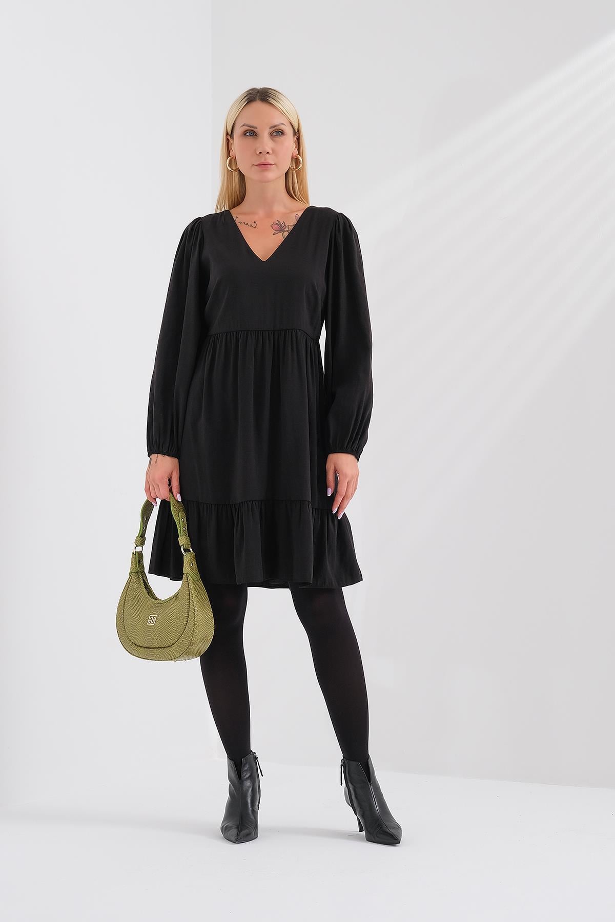 V Yaka Kabarık Kollu Elbise