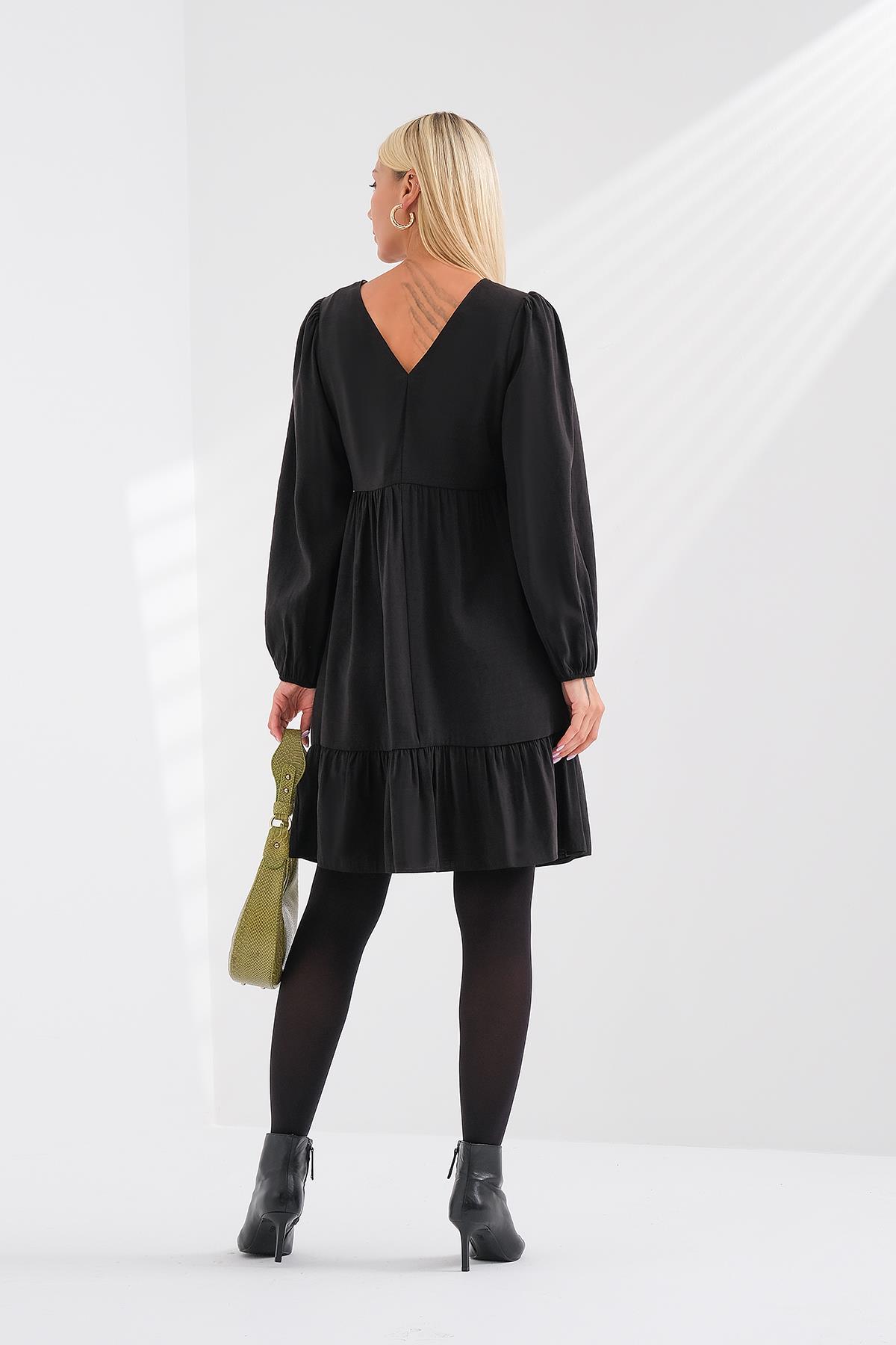 V Yaka Kabarık Kollu Elbise