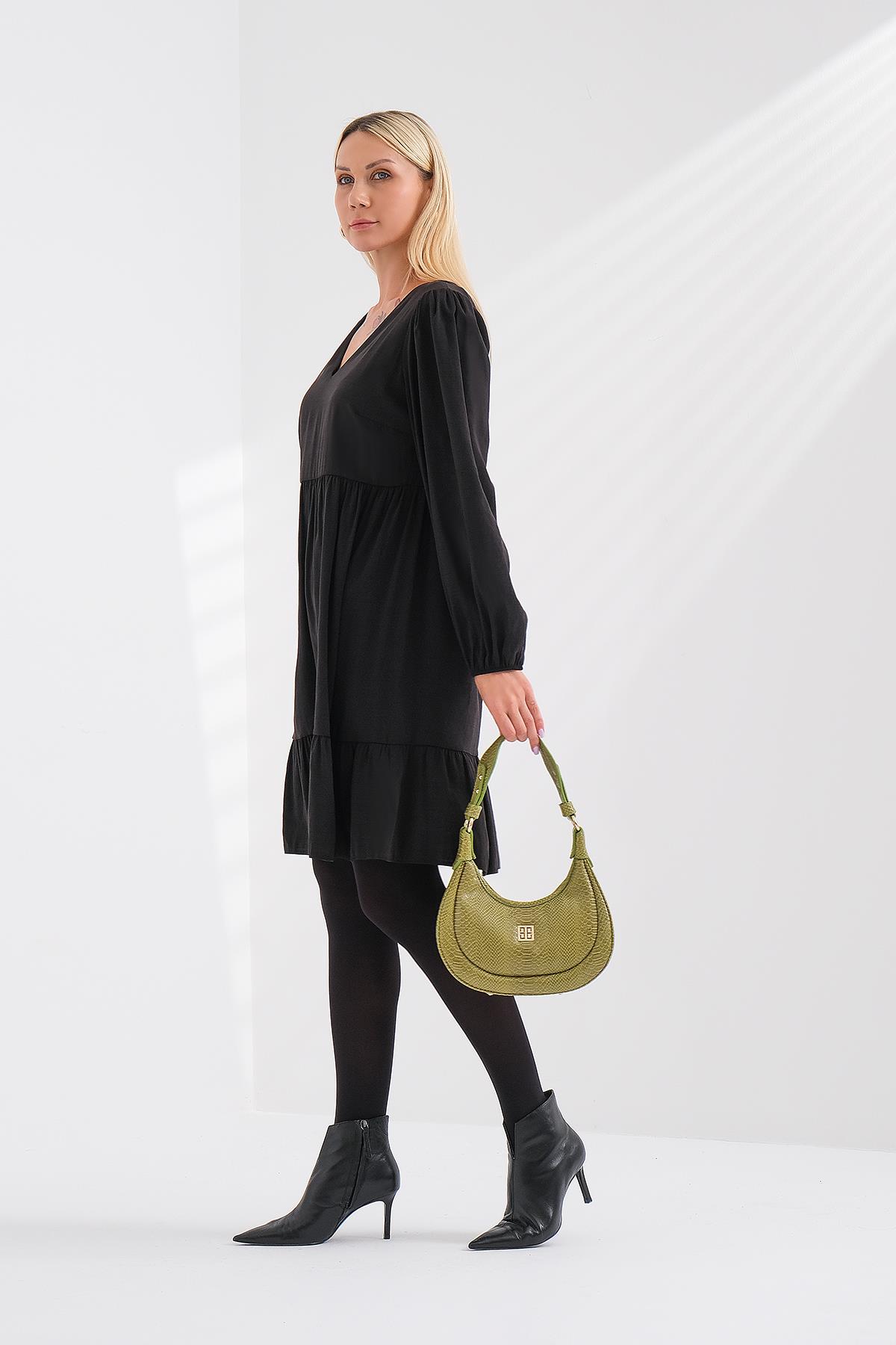 V Yaka Kabarık Kollu Elbise