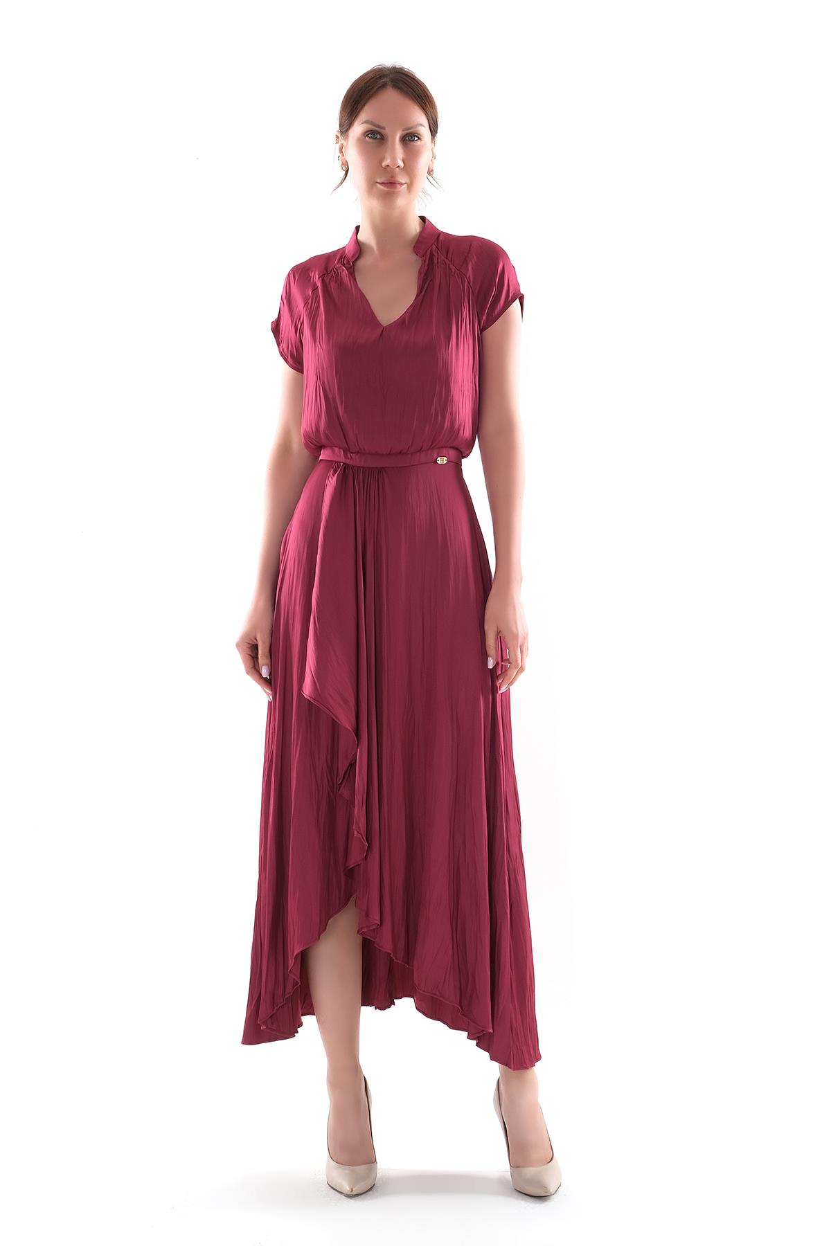 V Yakalı Kruvaze Kapamalı Saten Midi Boy Elbise