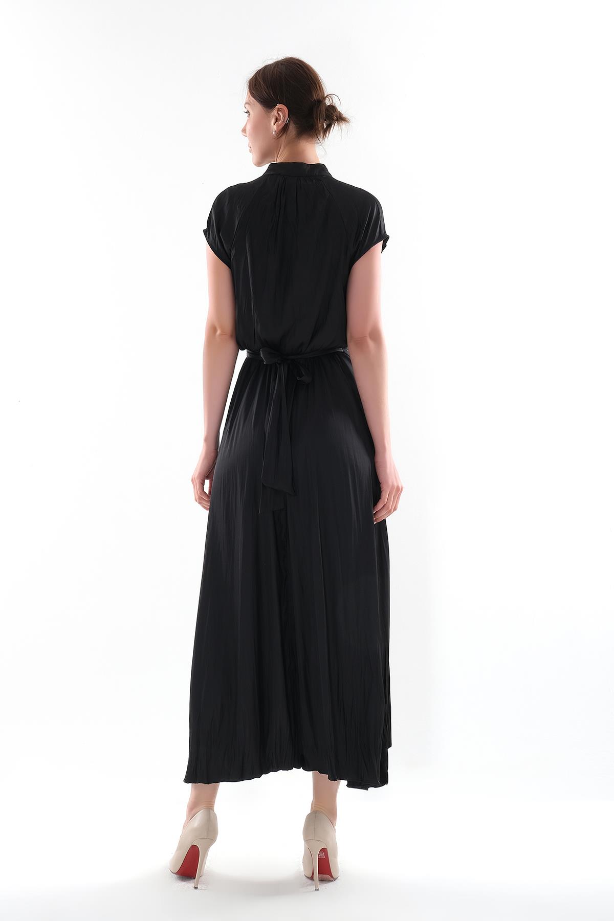 V Yakalı Kruvaze Kapamalı Saten Midi Boy Elbise