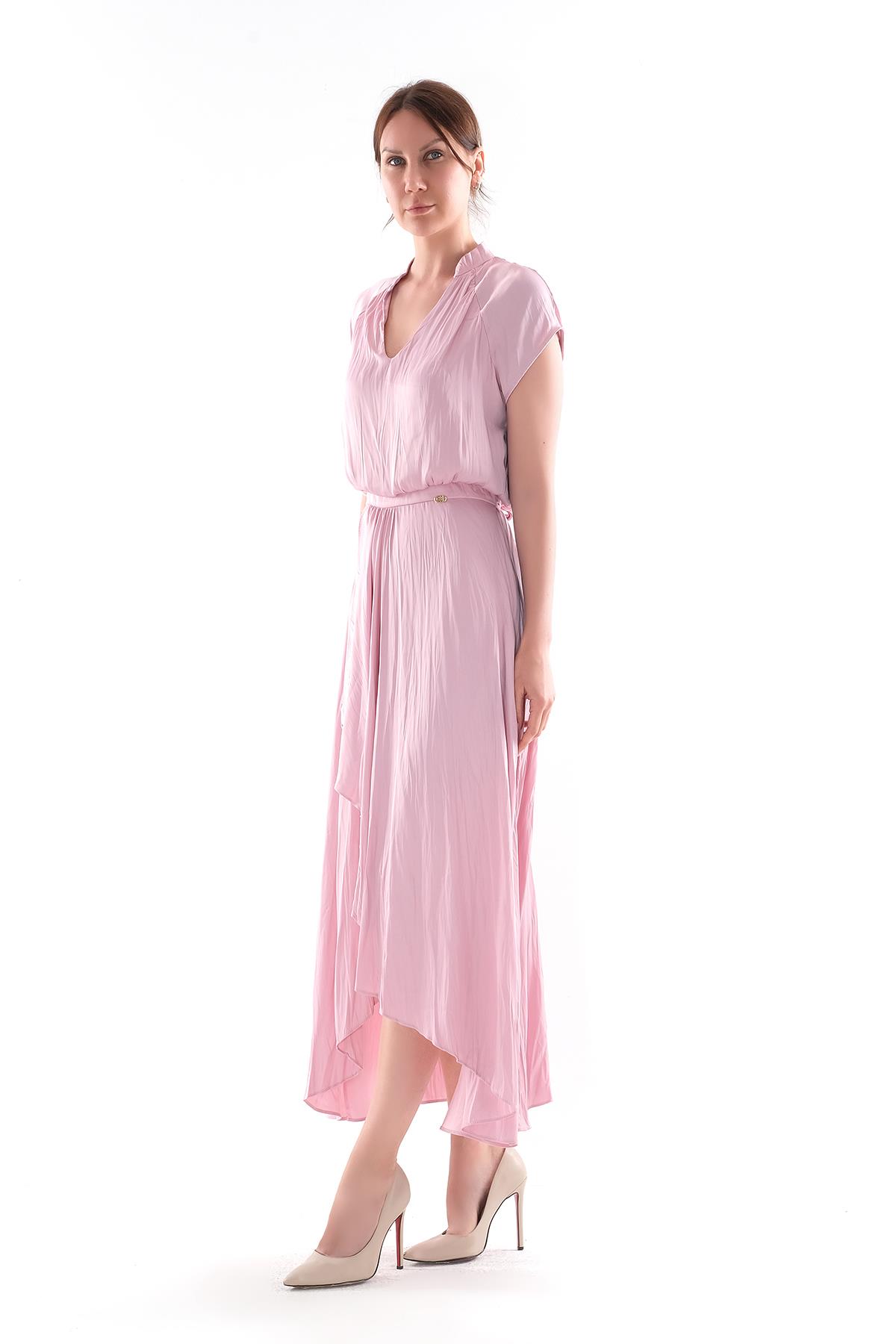 V Yakalı Kruvaze Kapamalı Saten Midi Boy Elbise