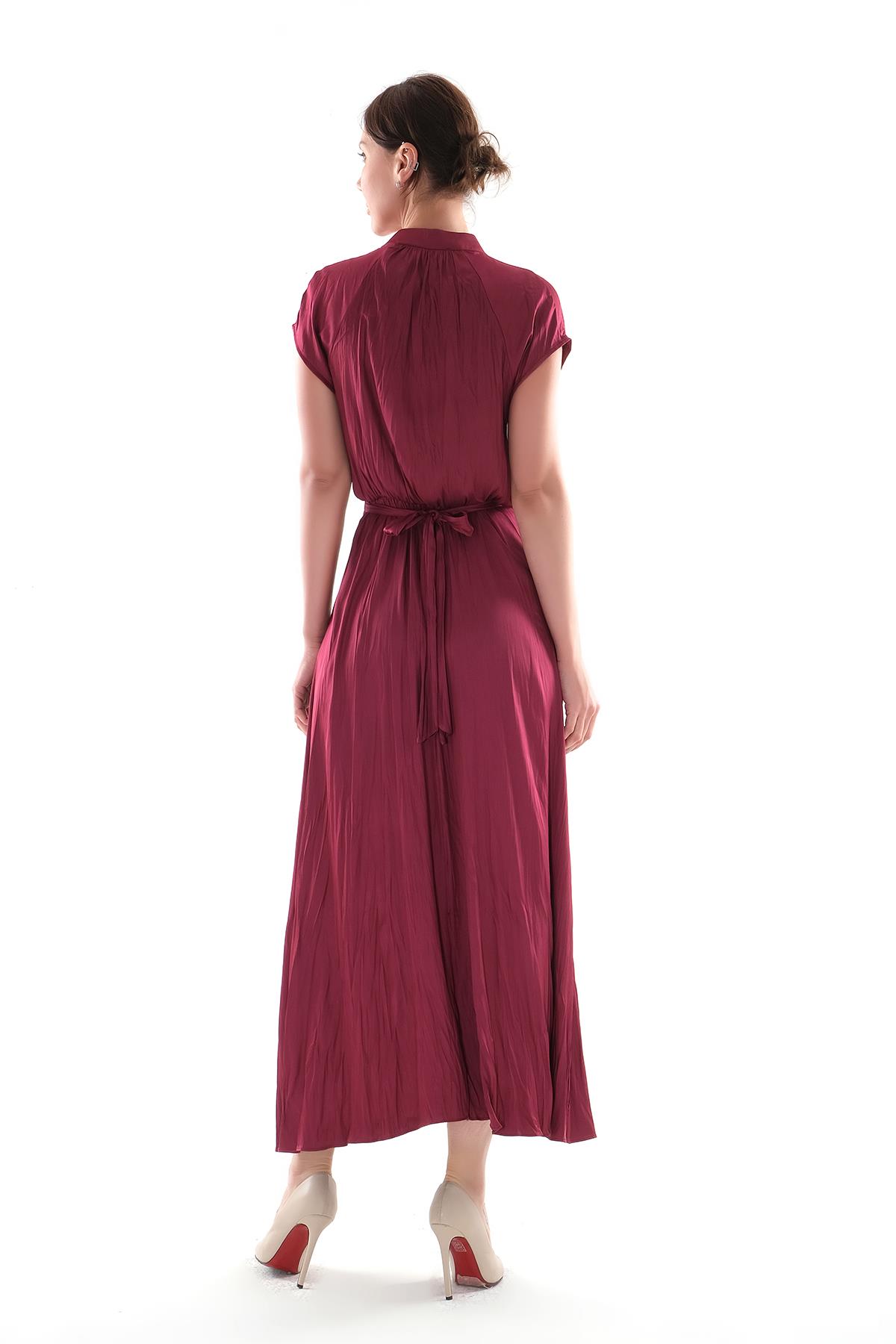 V Yakalı Kruvaze Kapamalı Saten Midi Boy Elbise