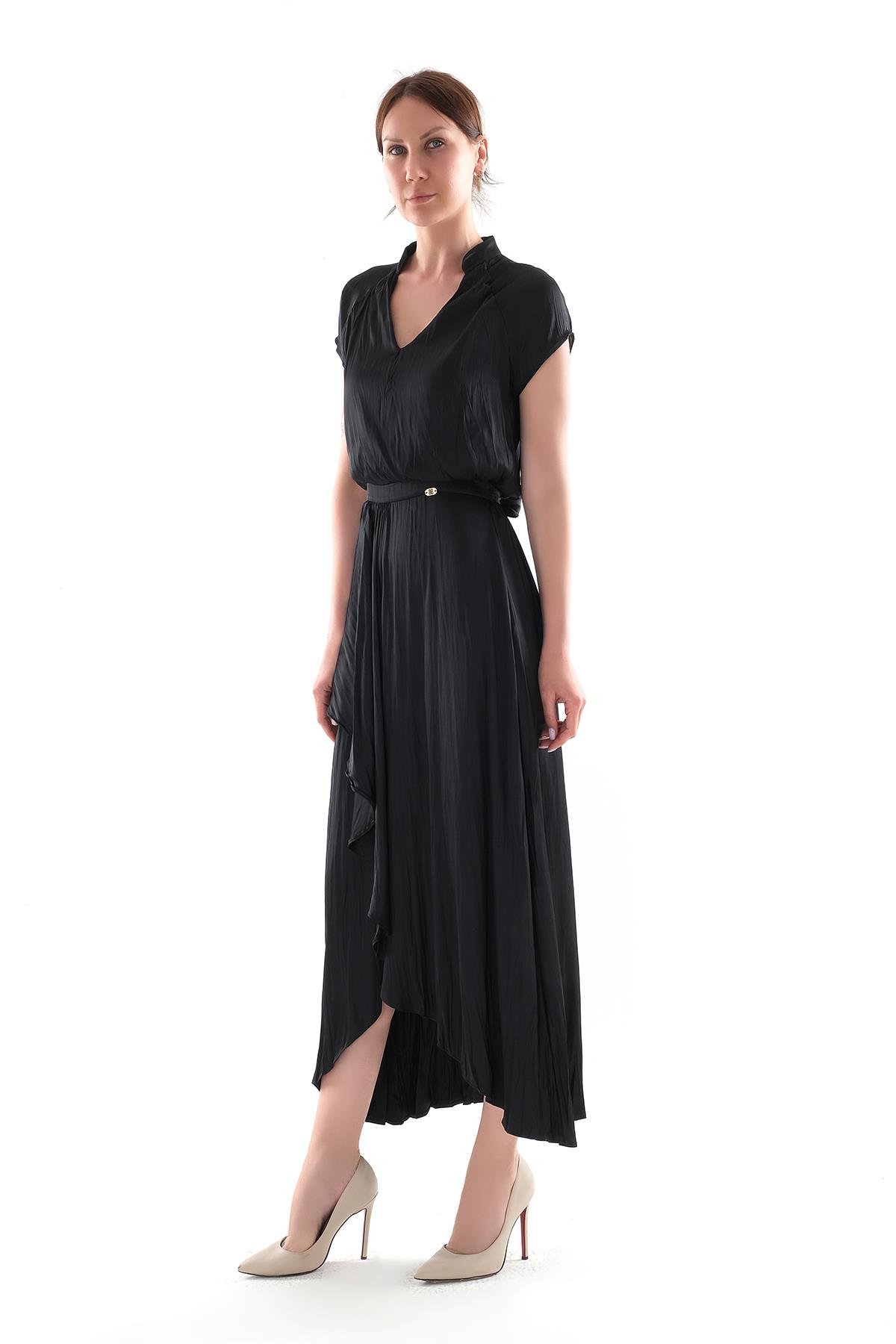 V Yakalı Kruvaze Kapamalı Saten Midi Boy Elbise