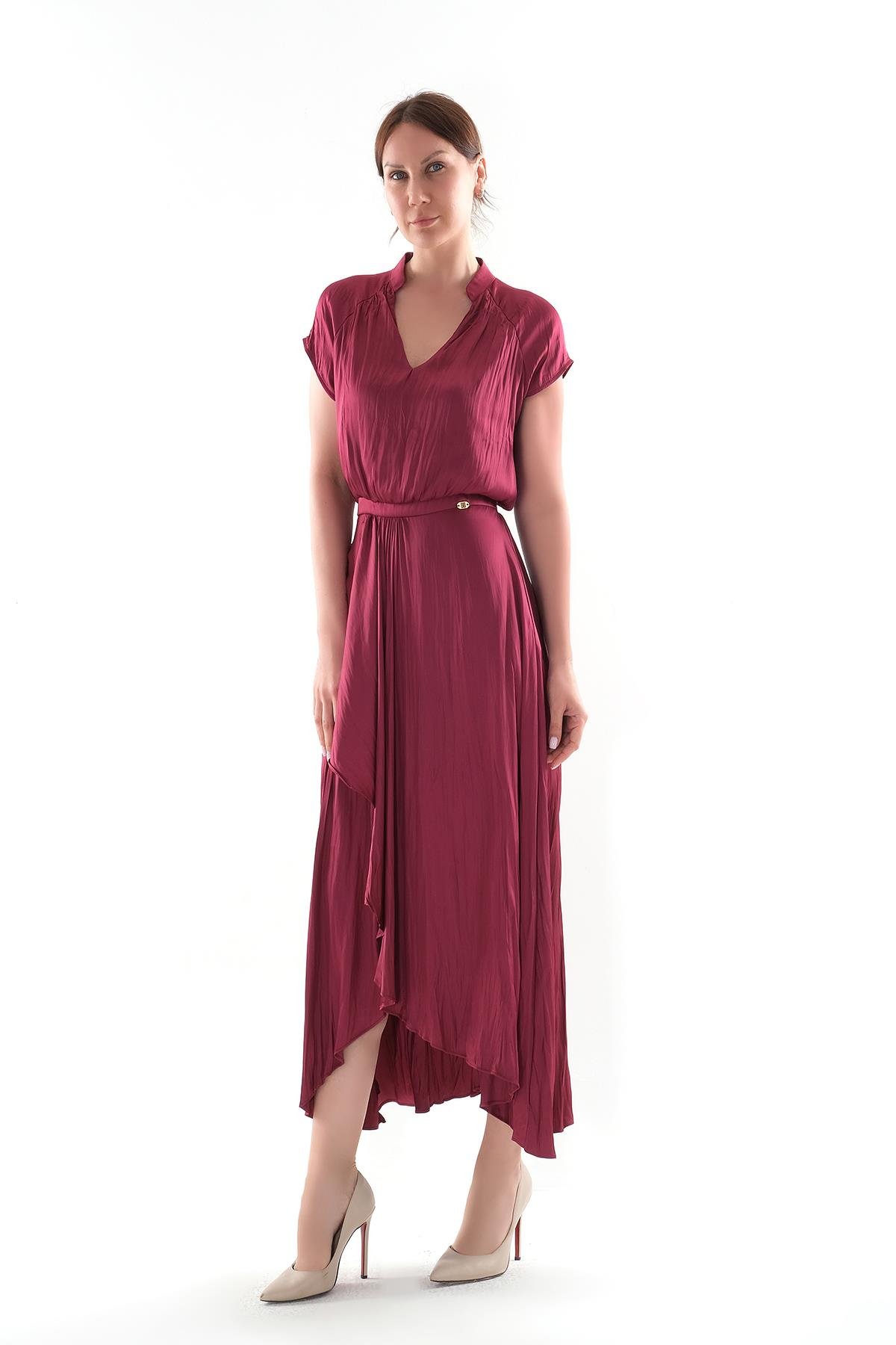 V Yakalı Kruvaze Kapamalı Saten Midi Boy Elbise