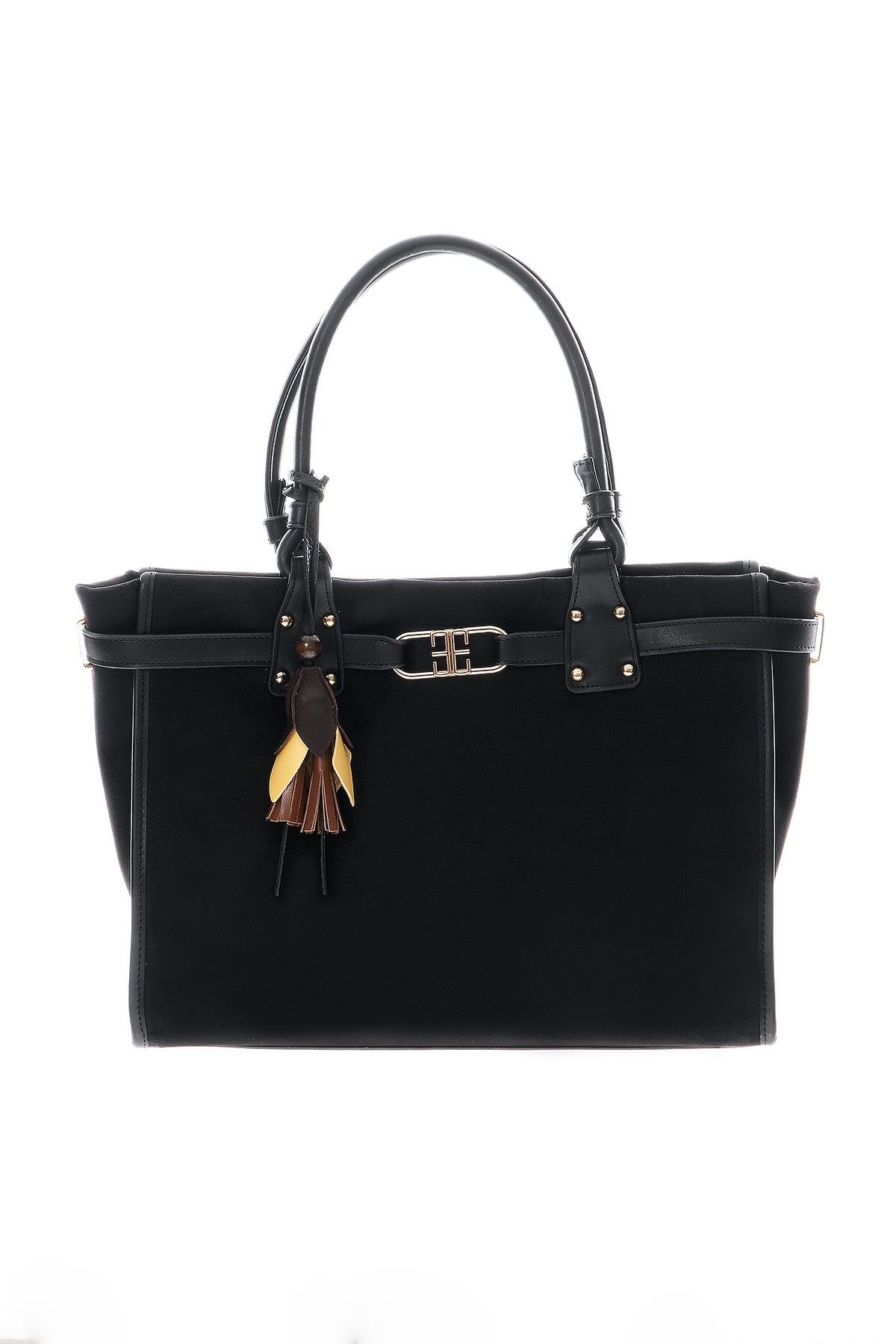 Süet Çiçek Aksesuarlı Büyük El Omuz Çanta