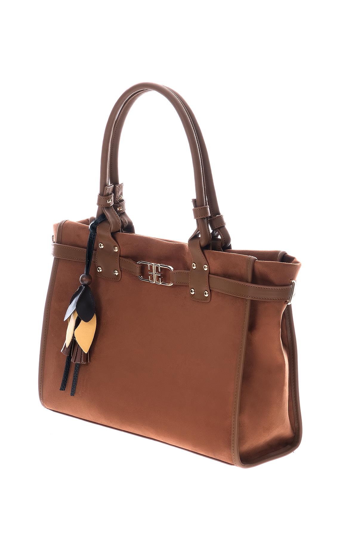 Süet Çiçek Aksesuarlı Büyük El Omuz Çanta